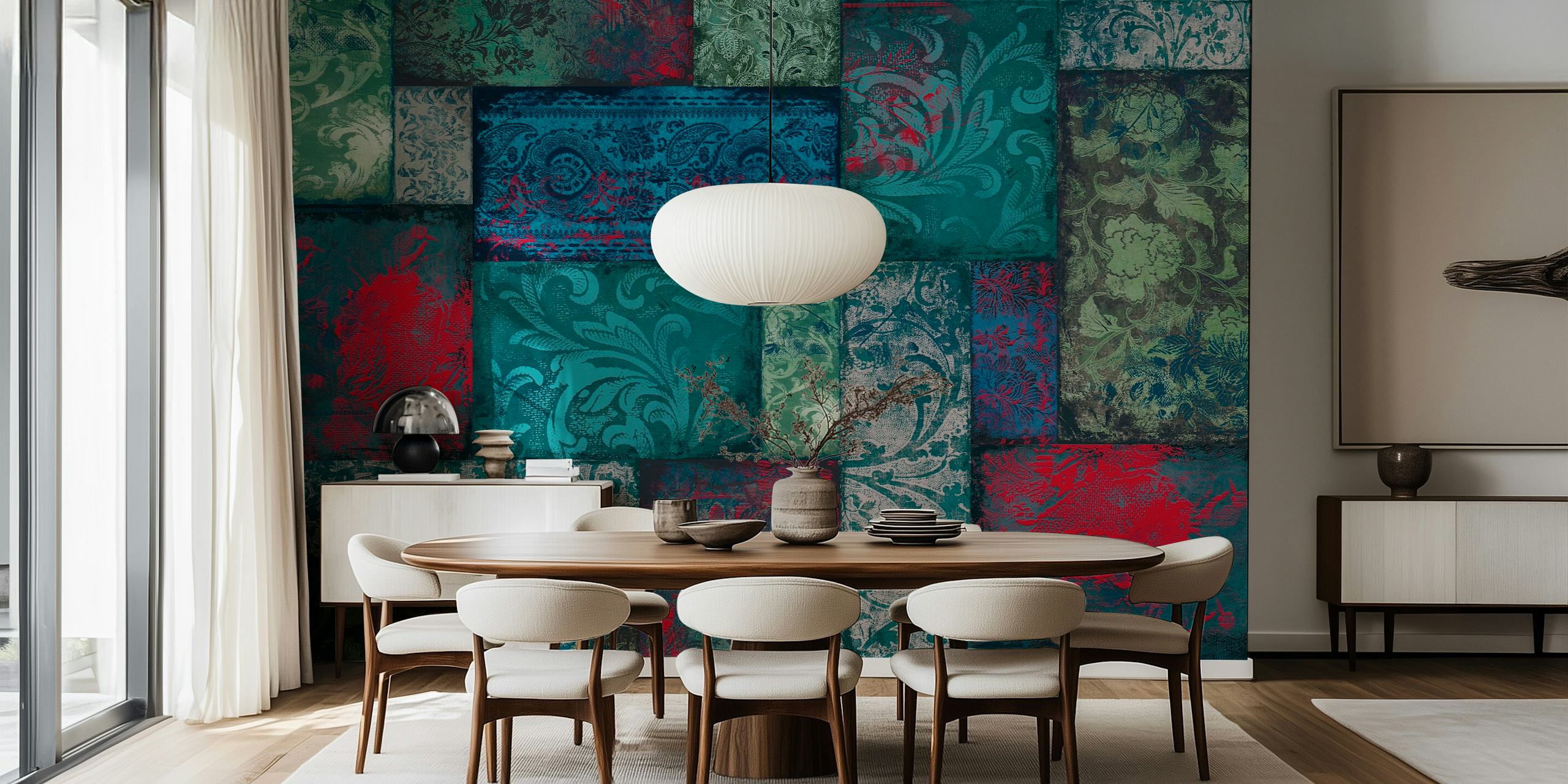 Bohemian Patchwork blue green wallpaper in a room