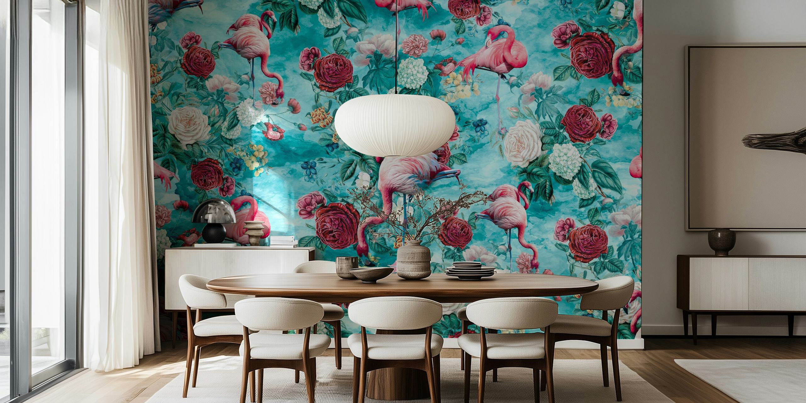 Filamingos wall mural with pink flamingos and botanicals