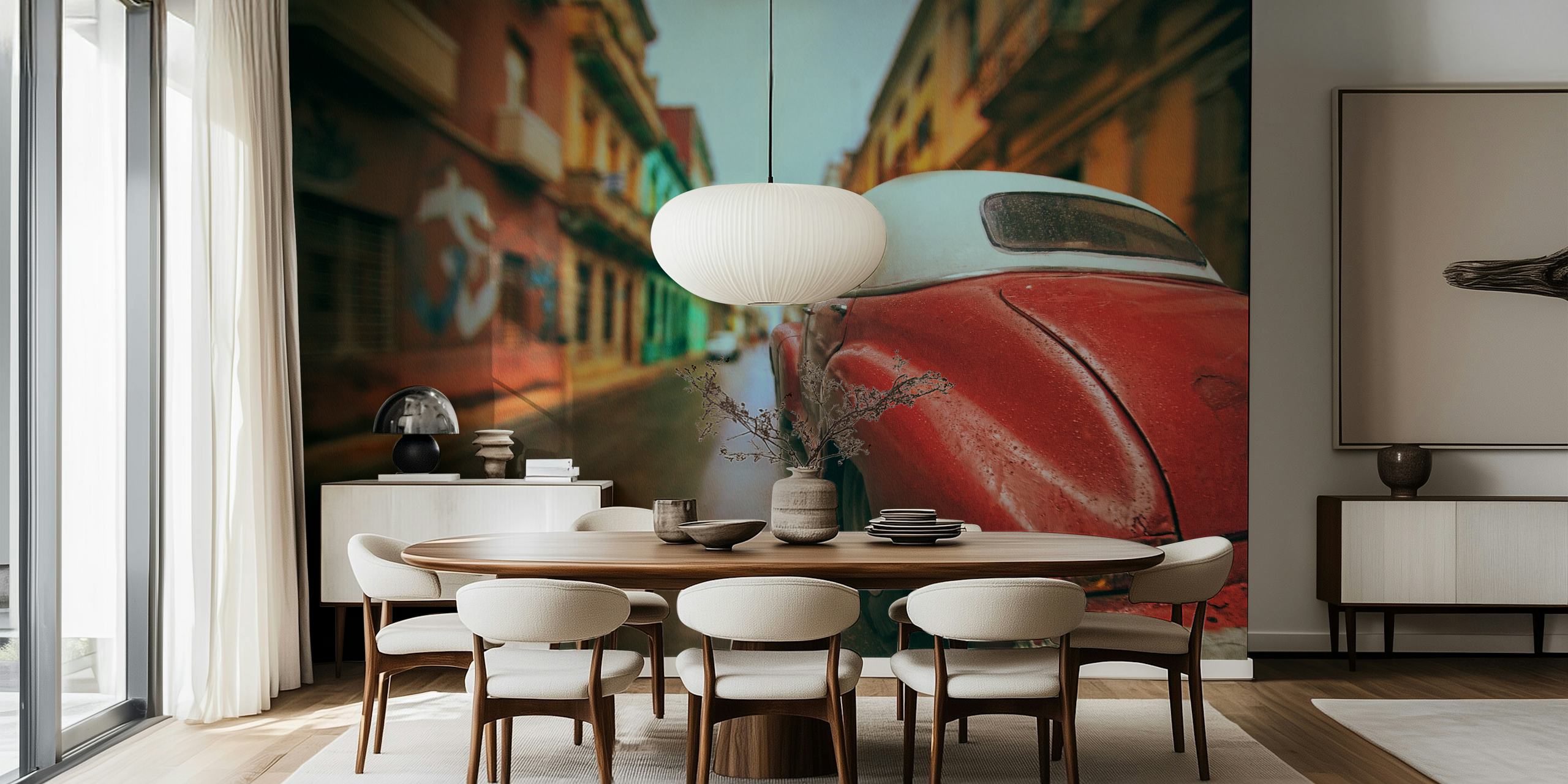 Cuban vintage car with backdrop of colorful street buildings wallpaper