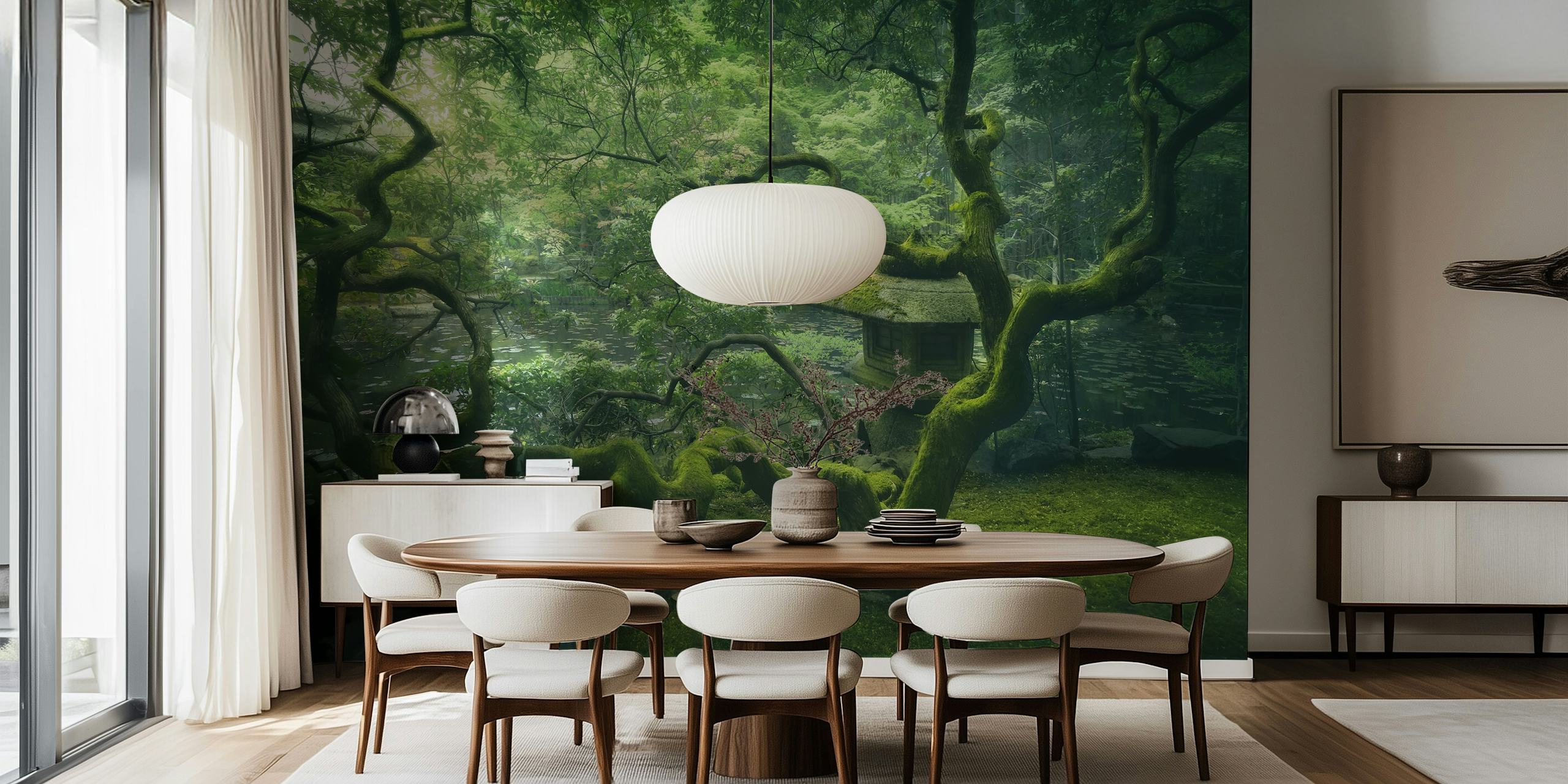 Japanese tree with twisting branches and lush greenery wallpaper