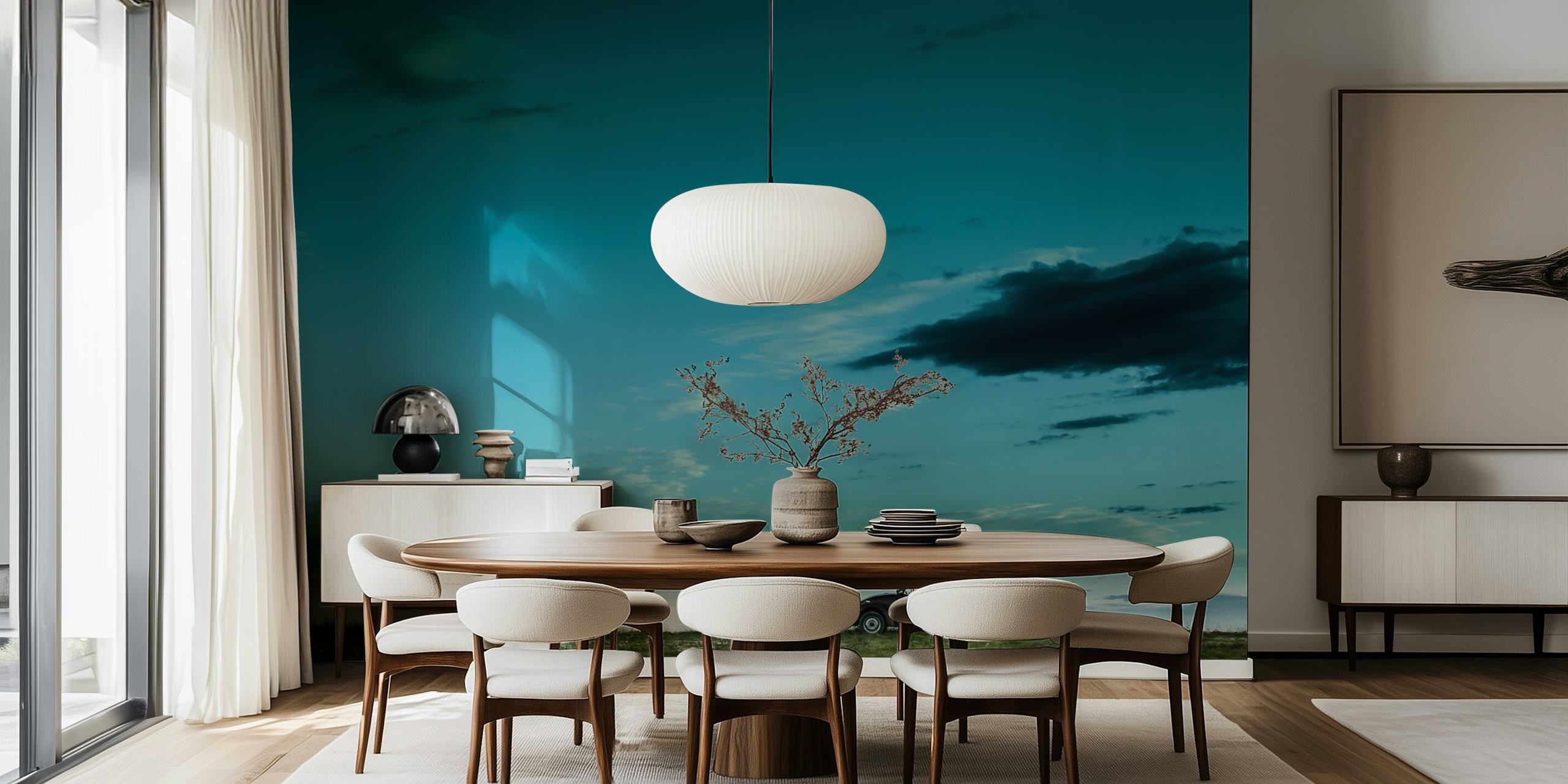 Fotomural VW Beetle rojo con cielo azul y campo abierto