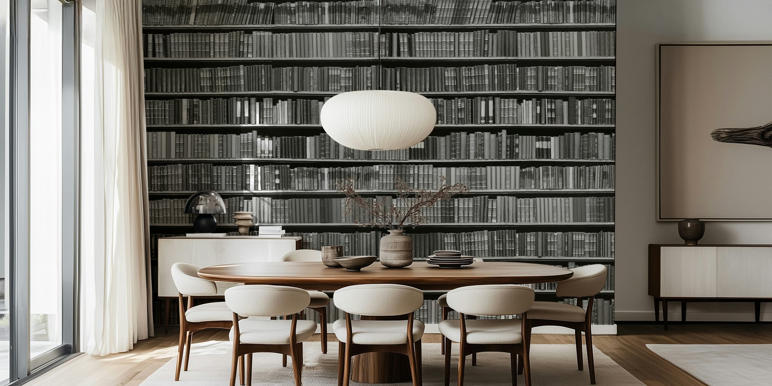 Black and white wallpaper featuring a bookshelf design with stacked books