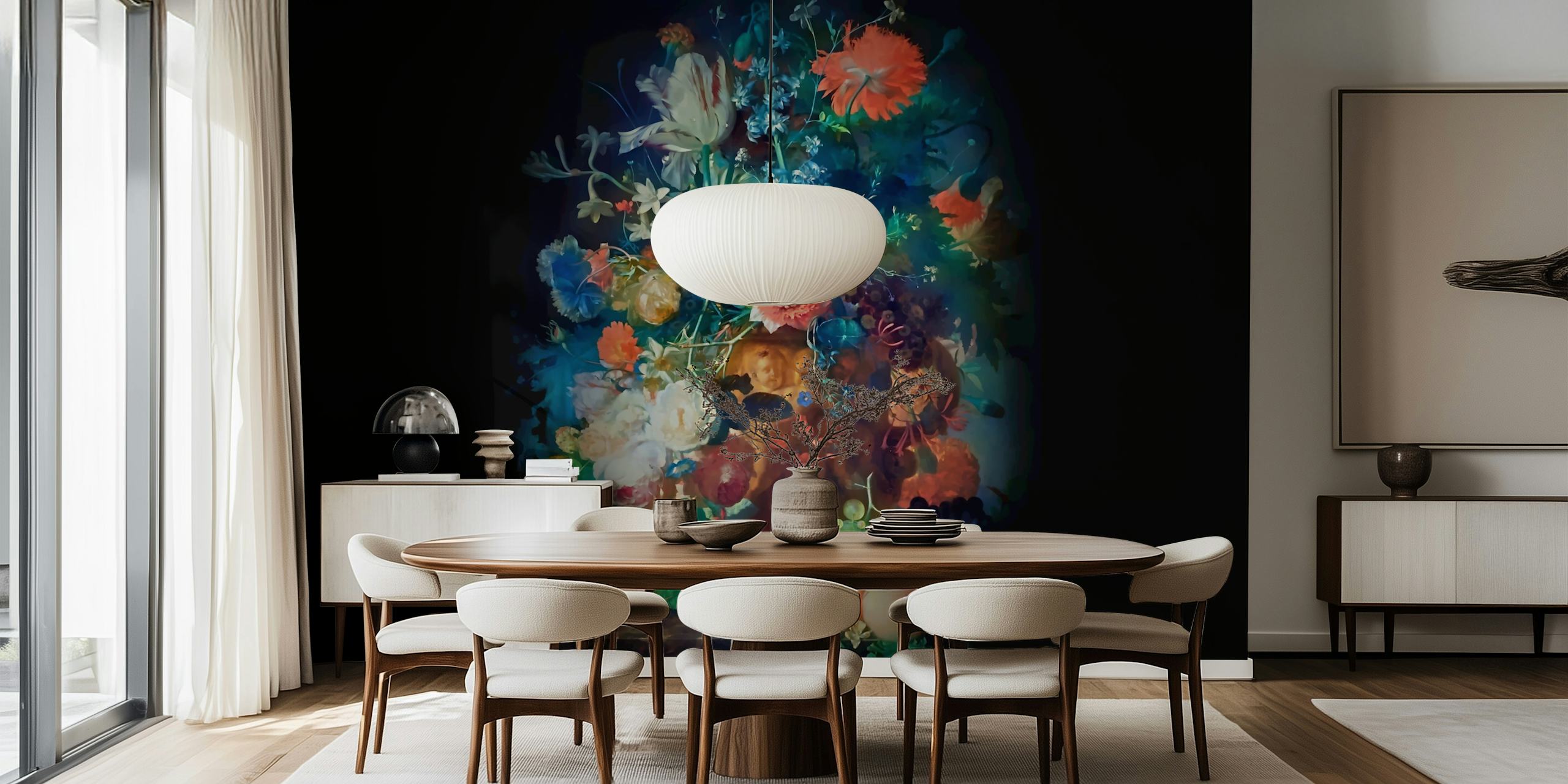 Colorful floral wallpaper in a room setting