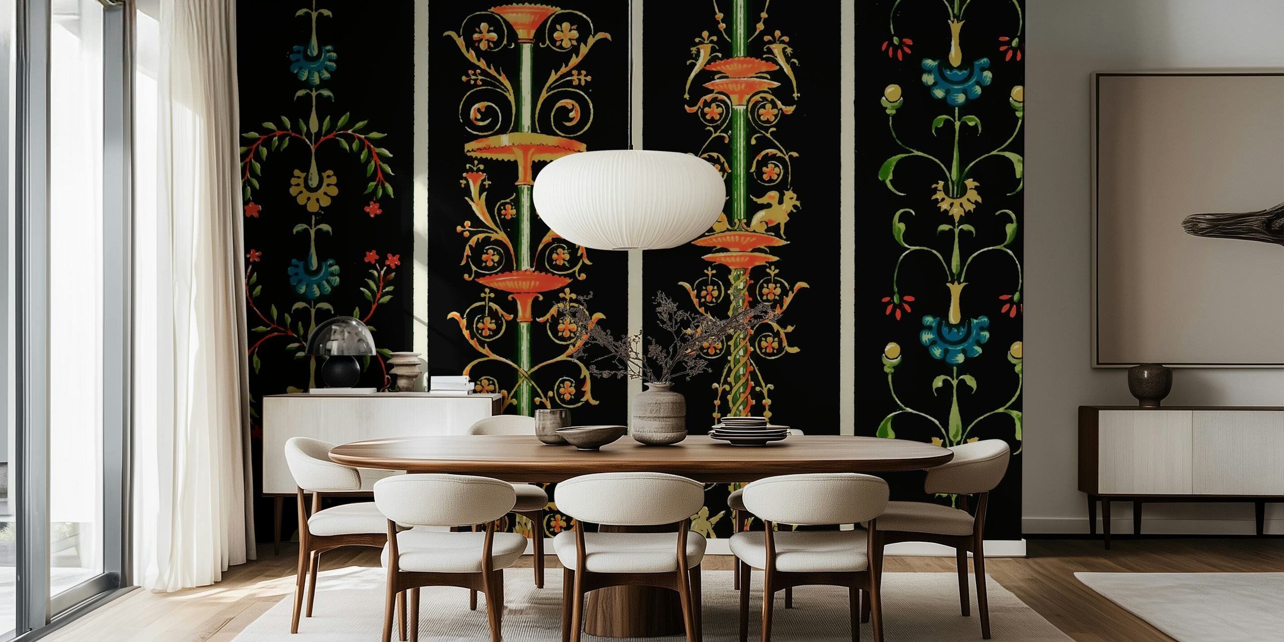 Vintage floral pattern in colorful hues on a black background wallpaper
