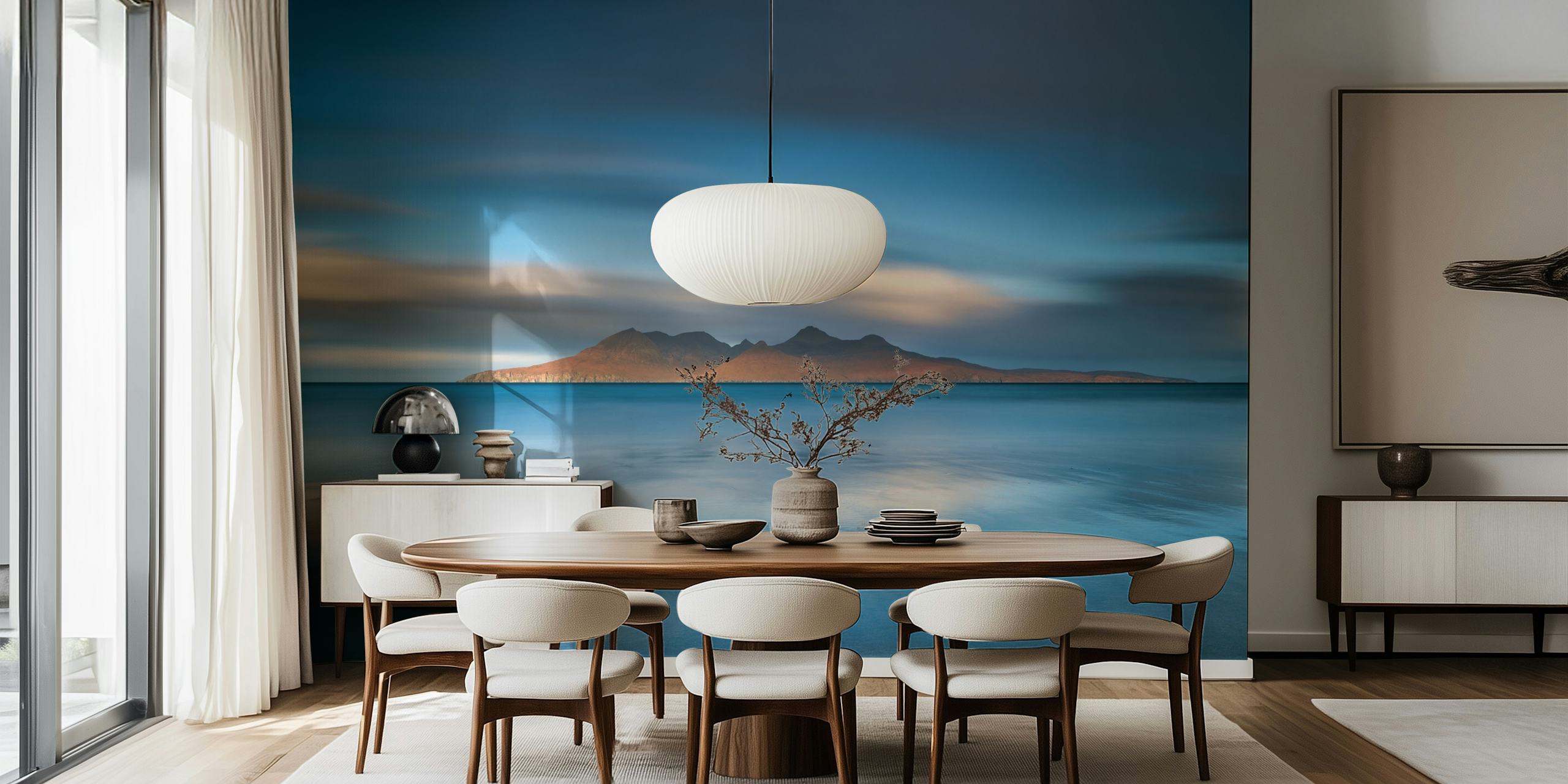 Epic sunrise over the ocean and island, blue tones wallpaper