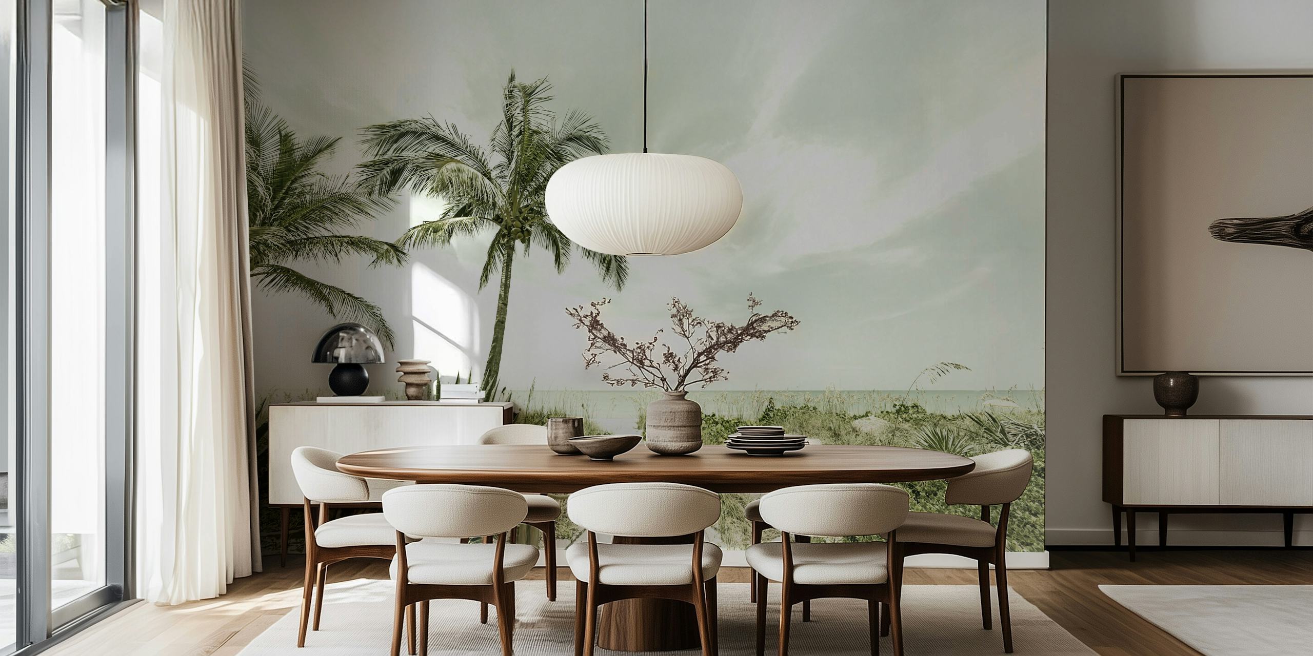 Vintage wall mural with a serene beach and palm trees leading to the ocean