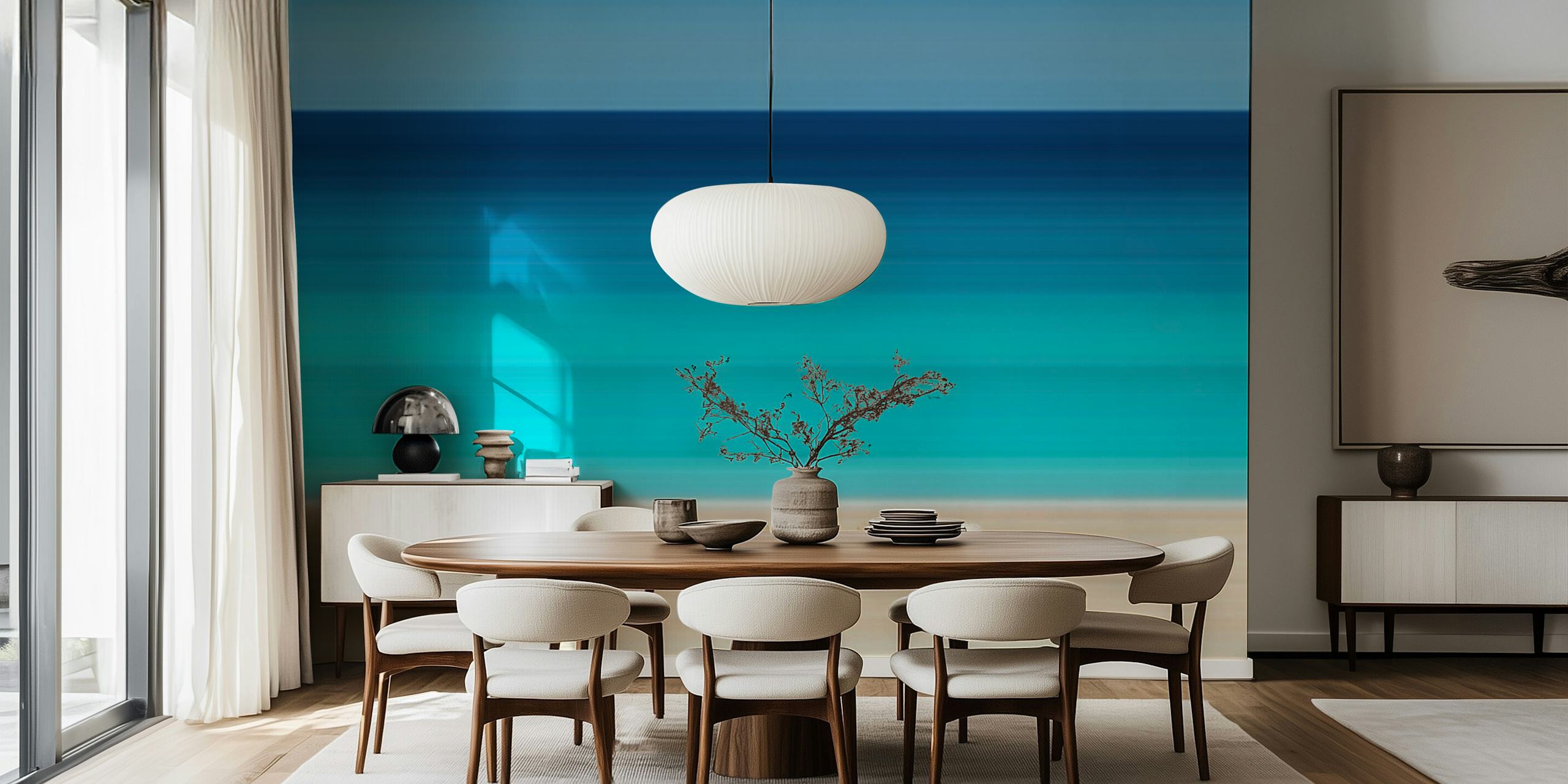 Abstract representation of Isla Mujeres with horizontal lines in shades of beach sand and ocean blues
