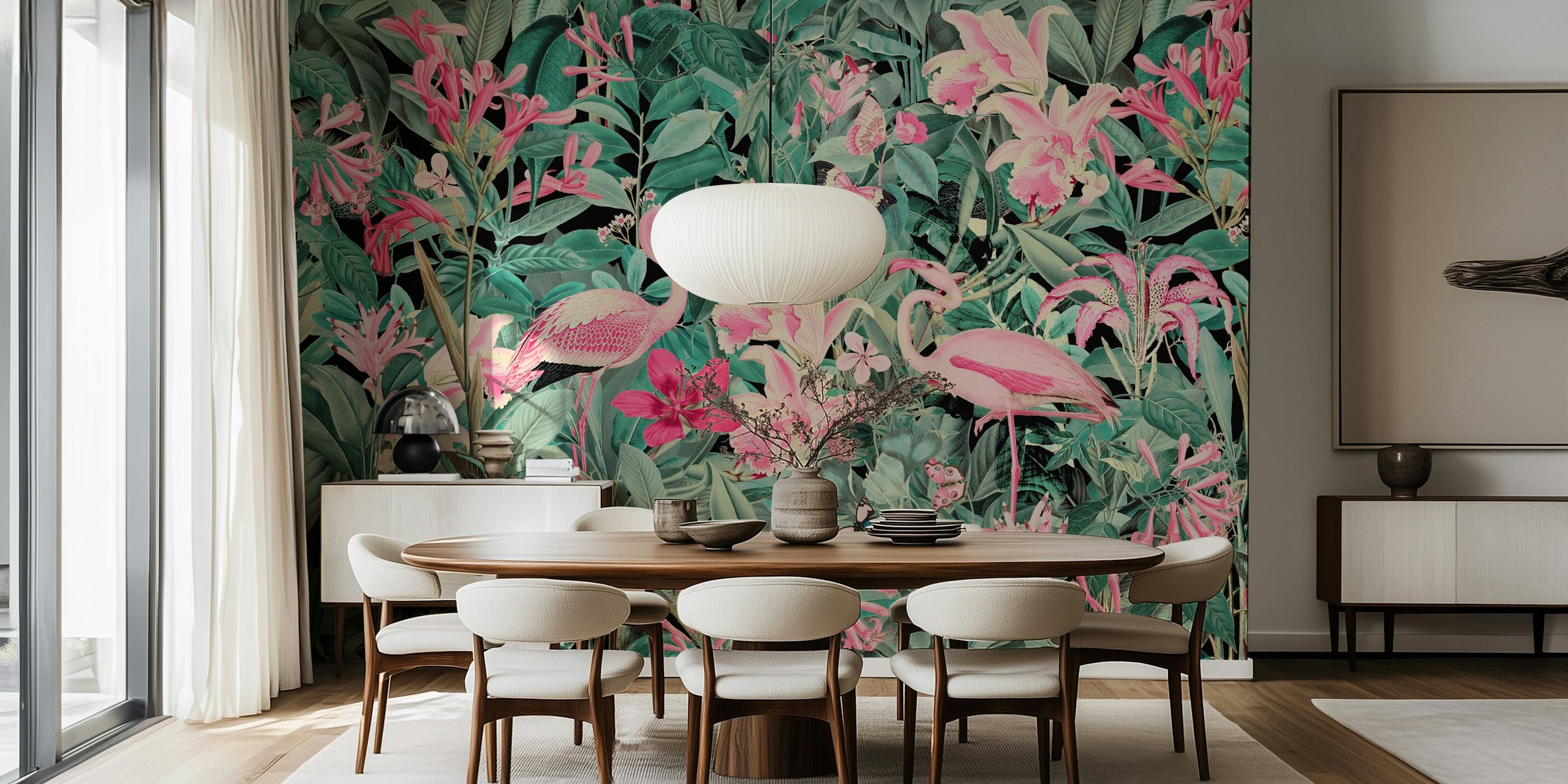 Pink flamingos among lush green leaves and flowers wallpaper