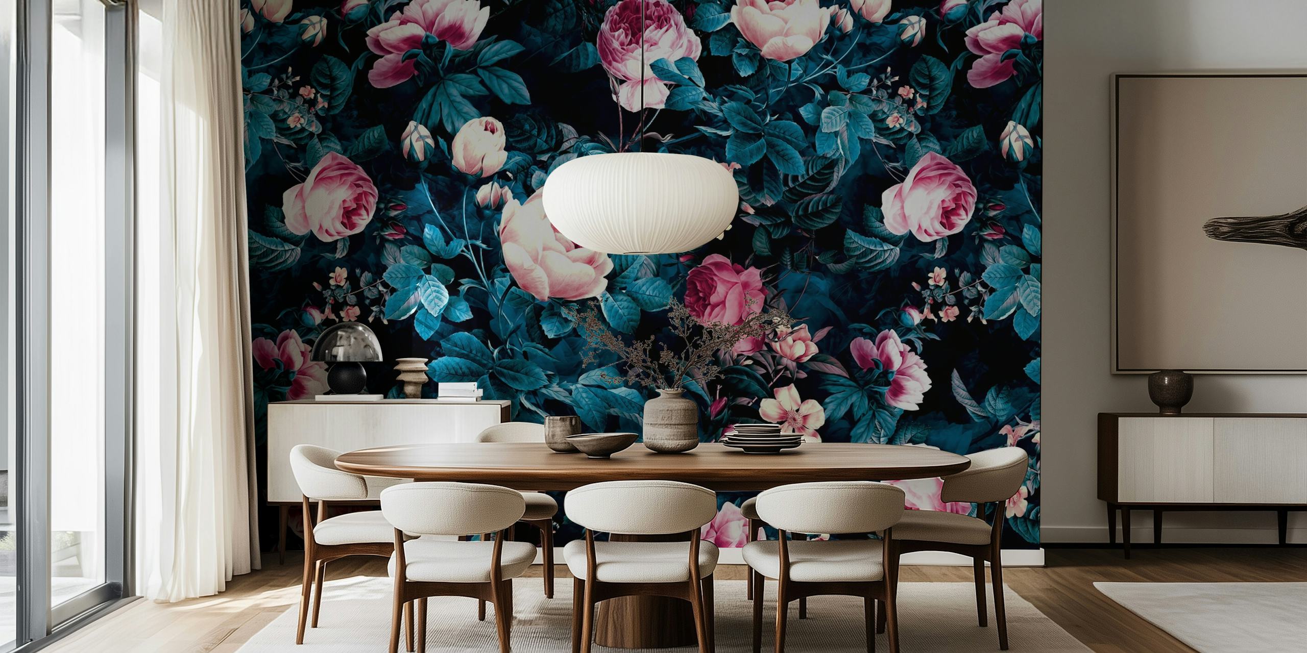 Dark blue floral wallpaper with blooming roses and green leaves