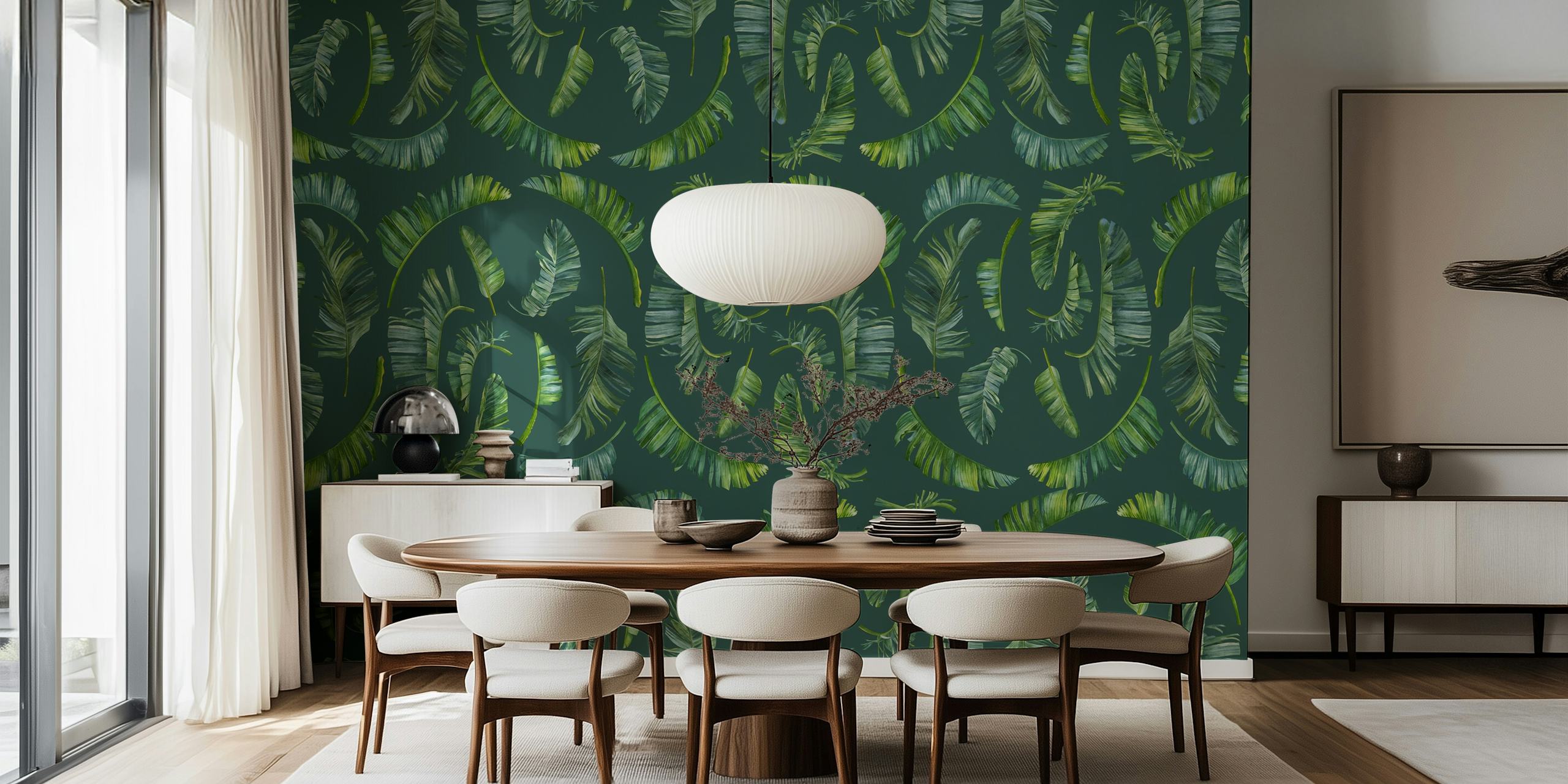 Tropical leaf pattern with various green shades wallpaper