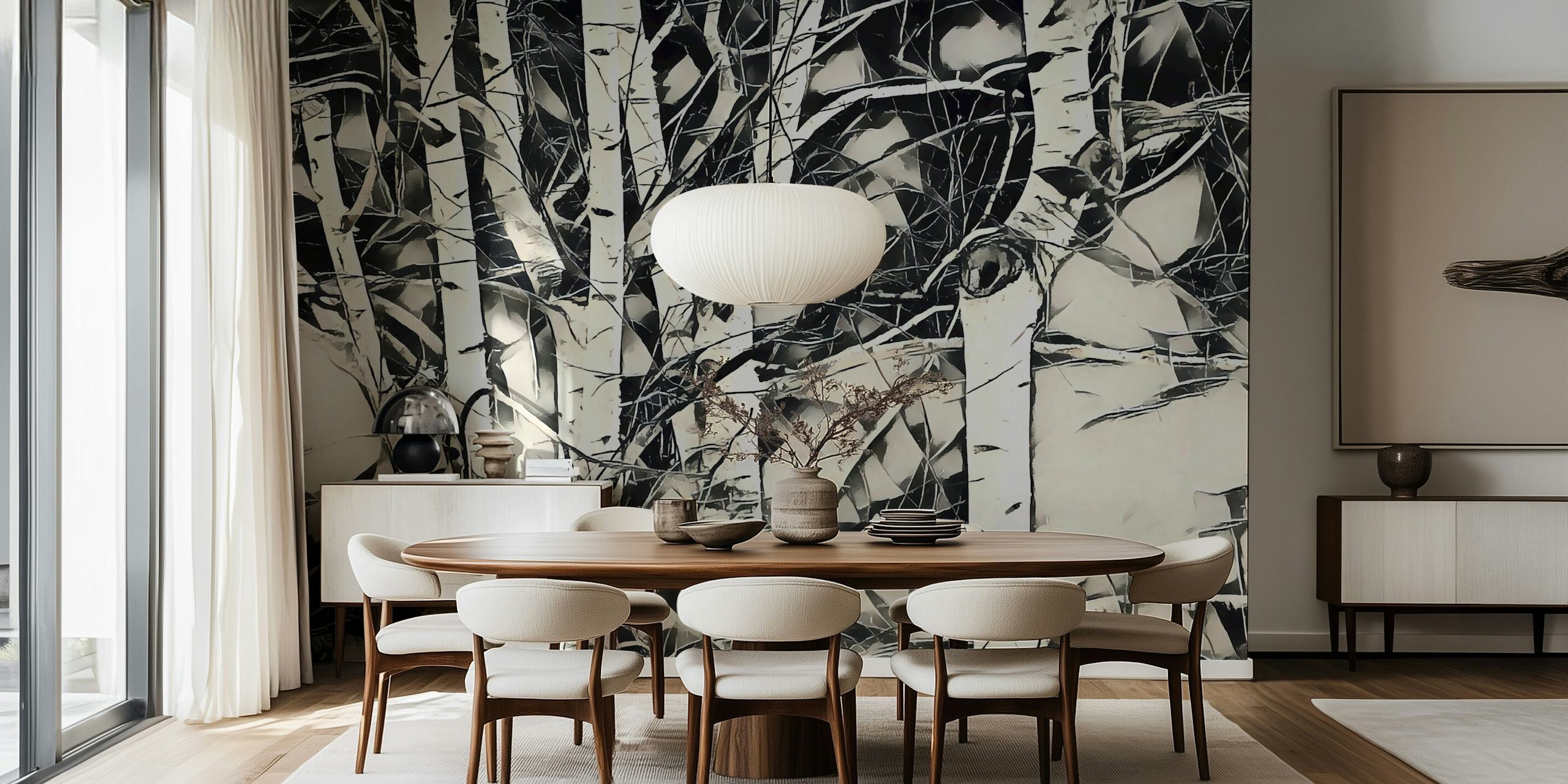 Black and white birch trees pattern wallpaper