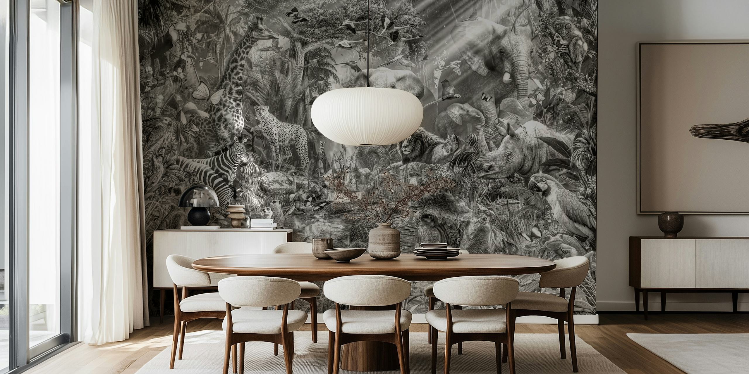 Jungle animal scene with elephants, lions, and zebras in black and white wallpaper