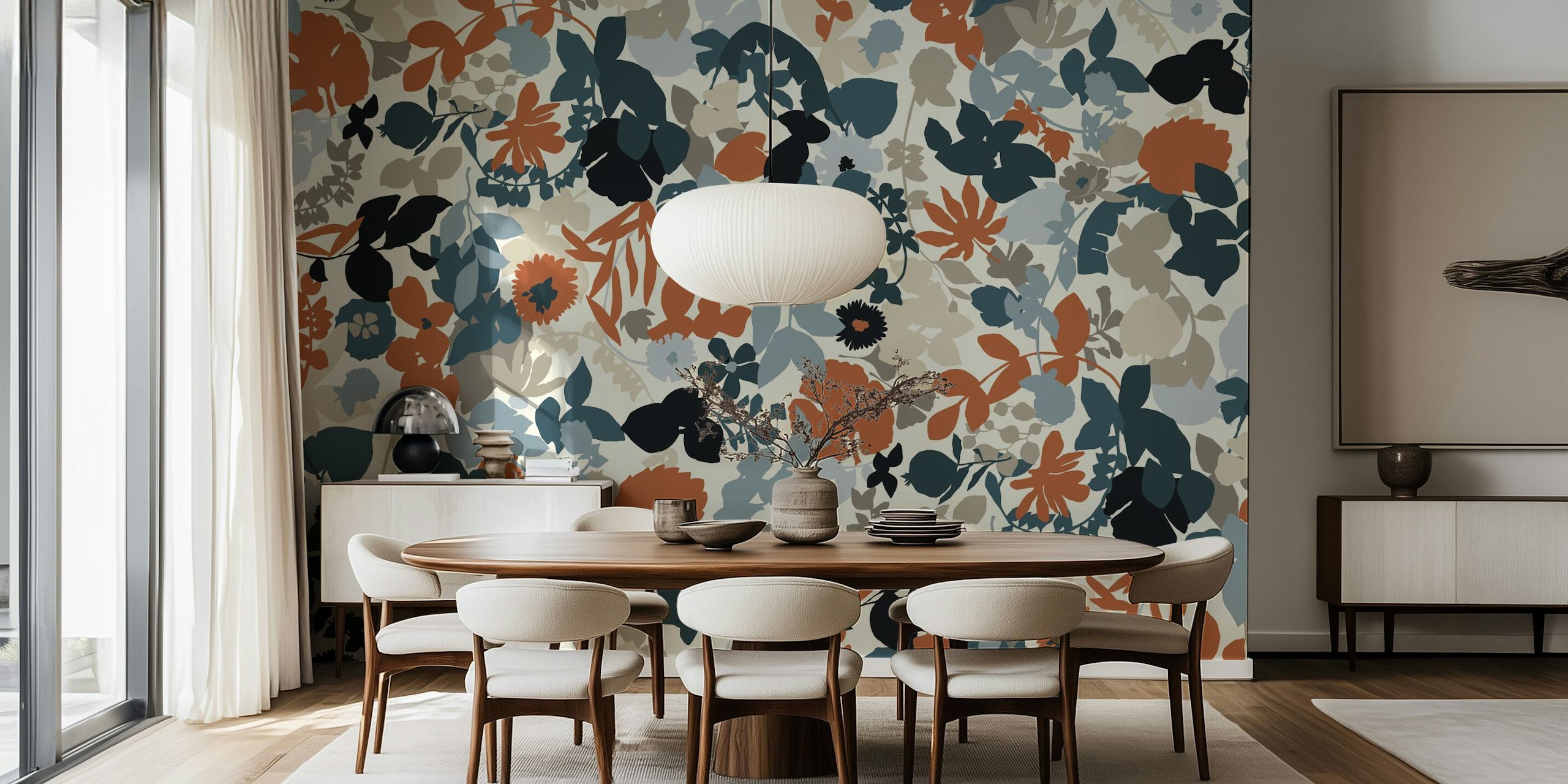 Colorful floral wallpaper in rust, blue, and grey tones; botanical design