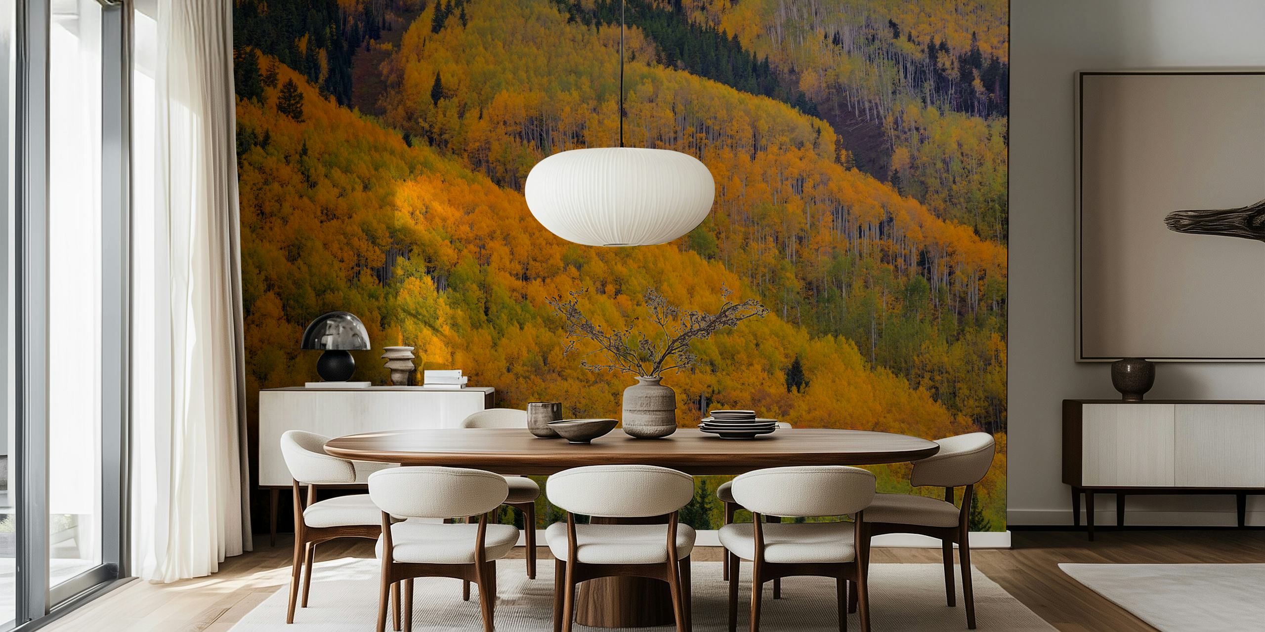 Colorful autumn leaves and trees in shades of orange, yellow, and green wallpaper