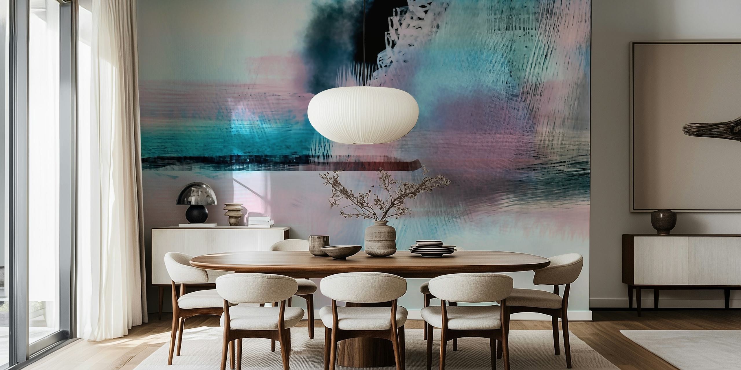Abstract brush strokes in pink, blue, and white colors wallpaper