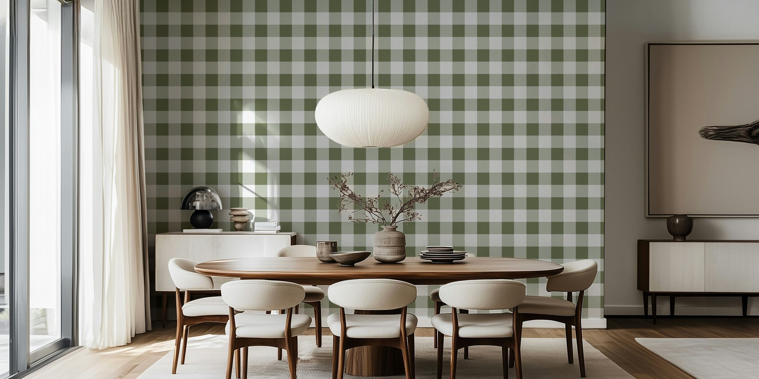 Green and white gingham check pattern wallpaper