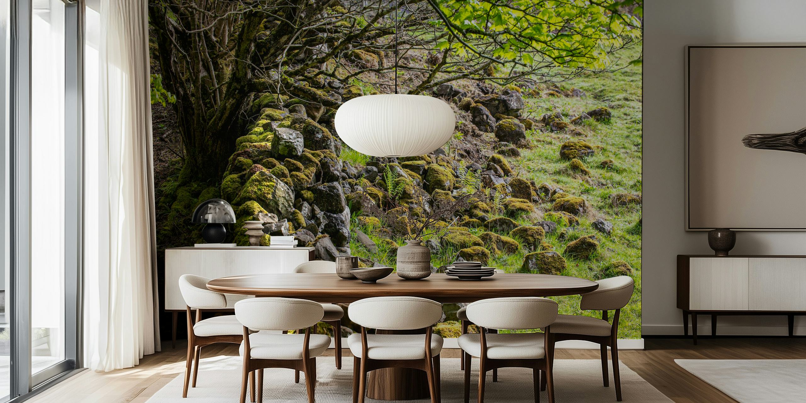 Mossy stones with green foliage in a Scottish forest wallpaper
