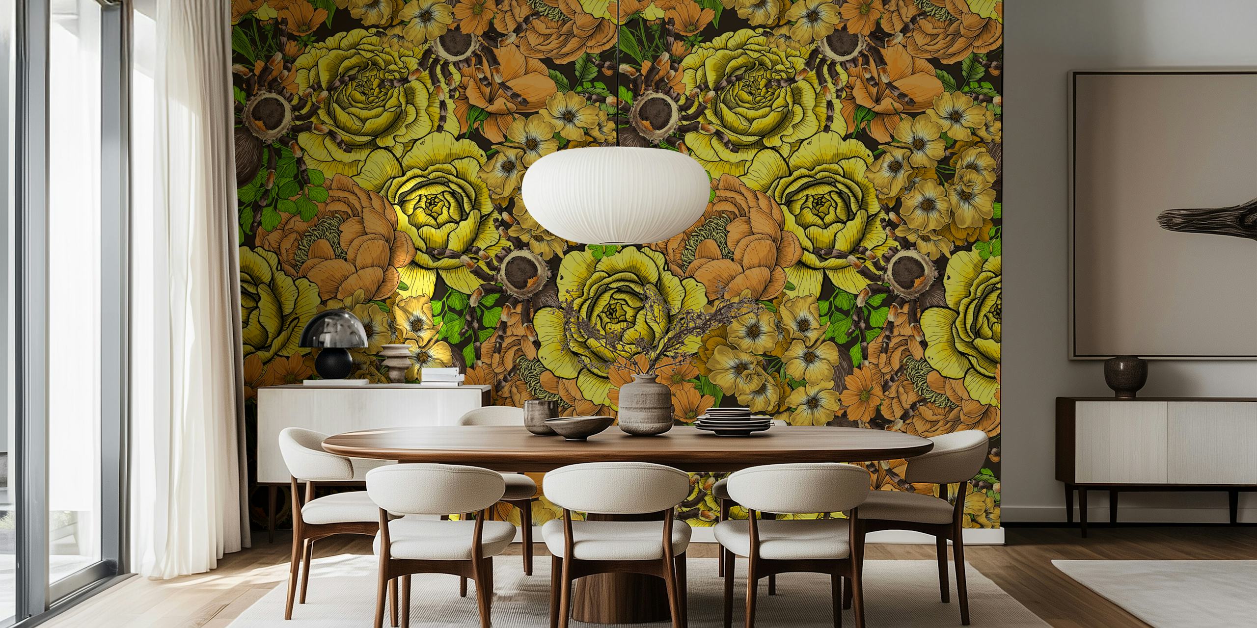 Floral garden wallpaper featuring yellow and orange flowers with green leaves