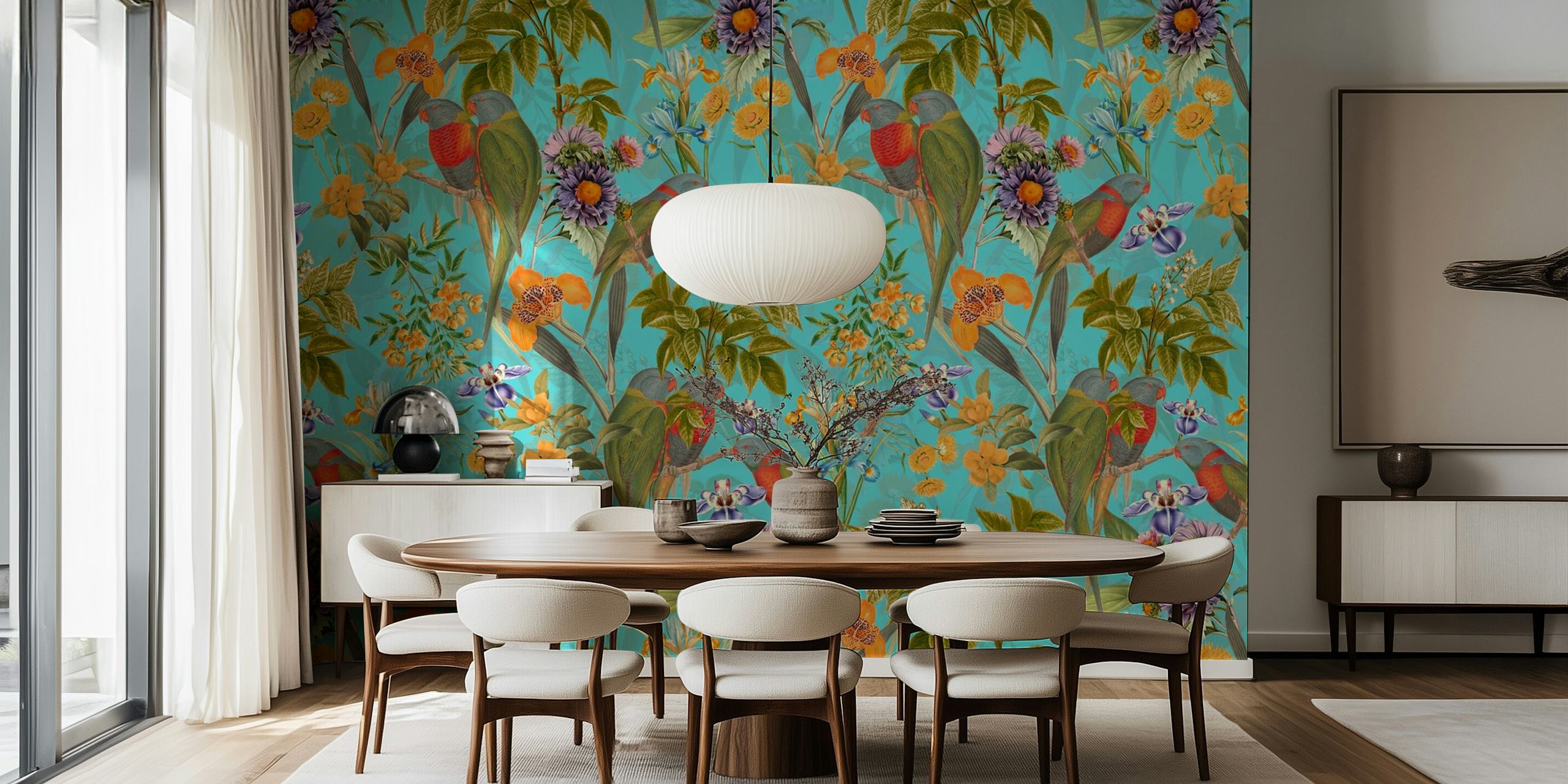 Papel de parede Turquoise Retro Parrots Jungle em um quarto