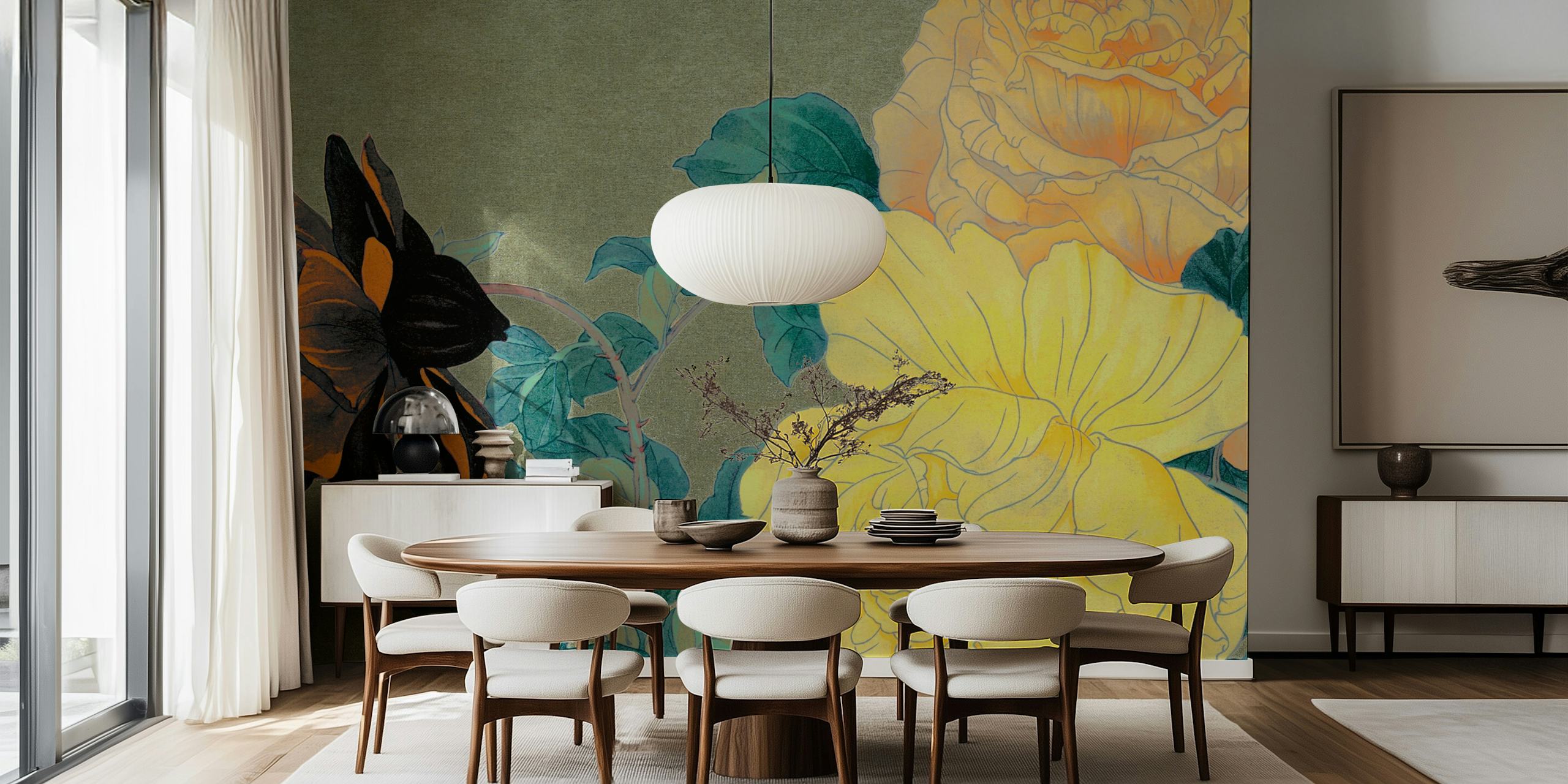 Antieke Noordse pioenrozen muurschildering met vintage tinten