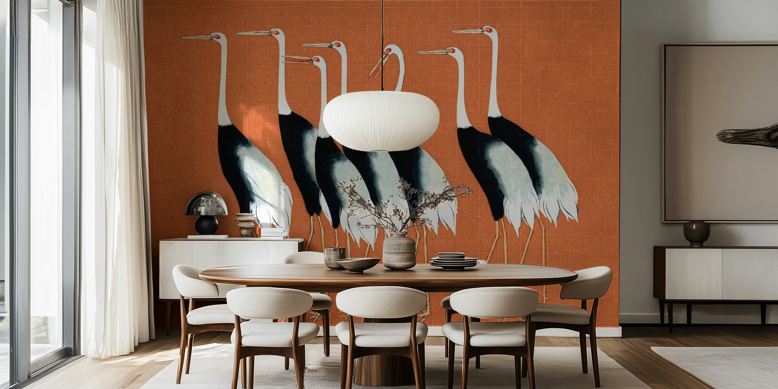 Graceful Japanese cranes standing against a warm terracotta background in modern wall mural design.