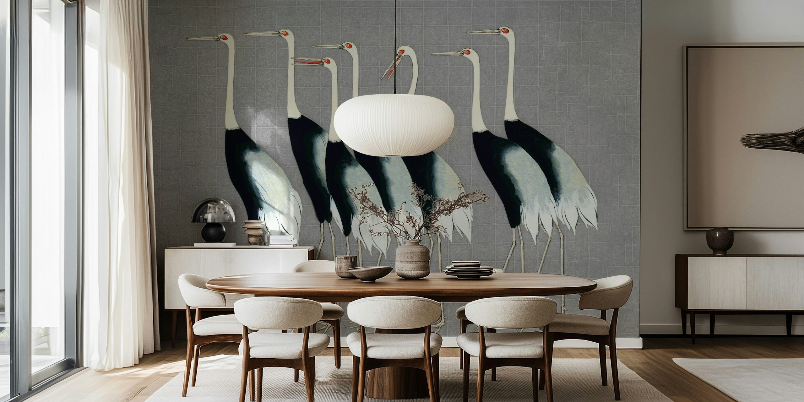Japanese cranes in black and white on a grey background wallpaper