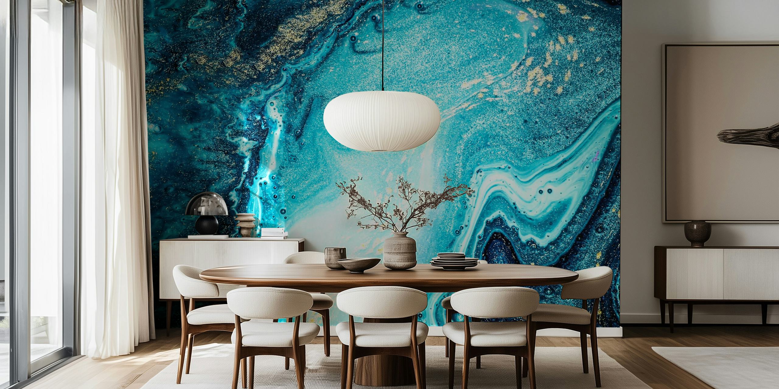 Blue marble swirling patterns with gold accents wallpaper