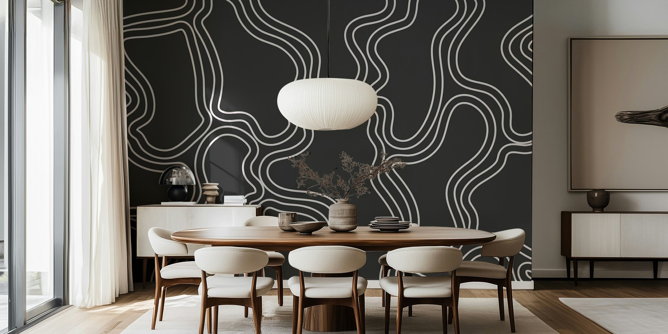 Geometric lines forming abstract shapes in black and white wallpaper