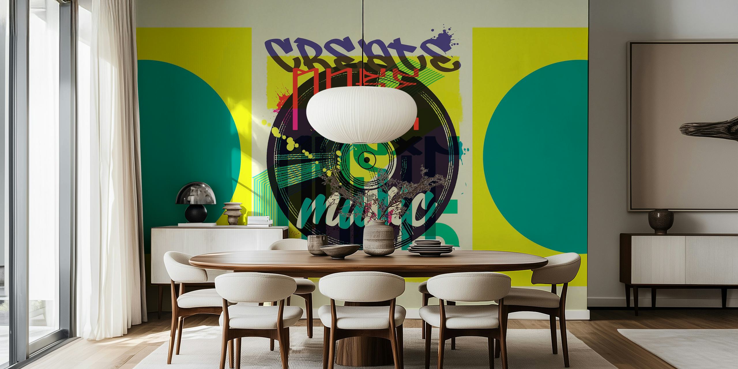 Colorful graffiti-style music-themed design with vinyl record on yellow background wallpaper