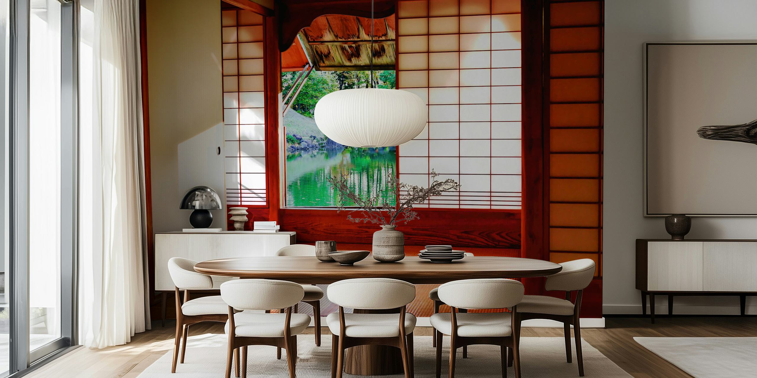 Porte shoji japonaise traditionnelle ouvrant sur un jardin zen papier peint mural