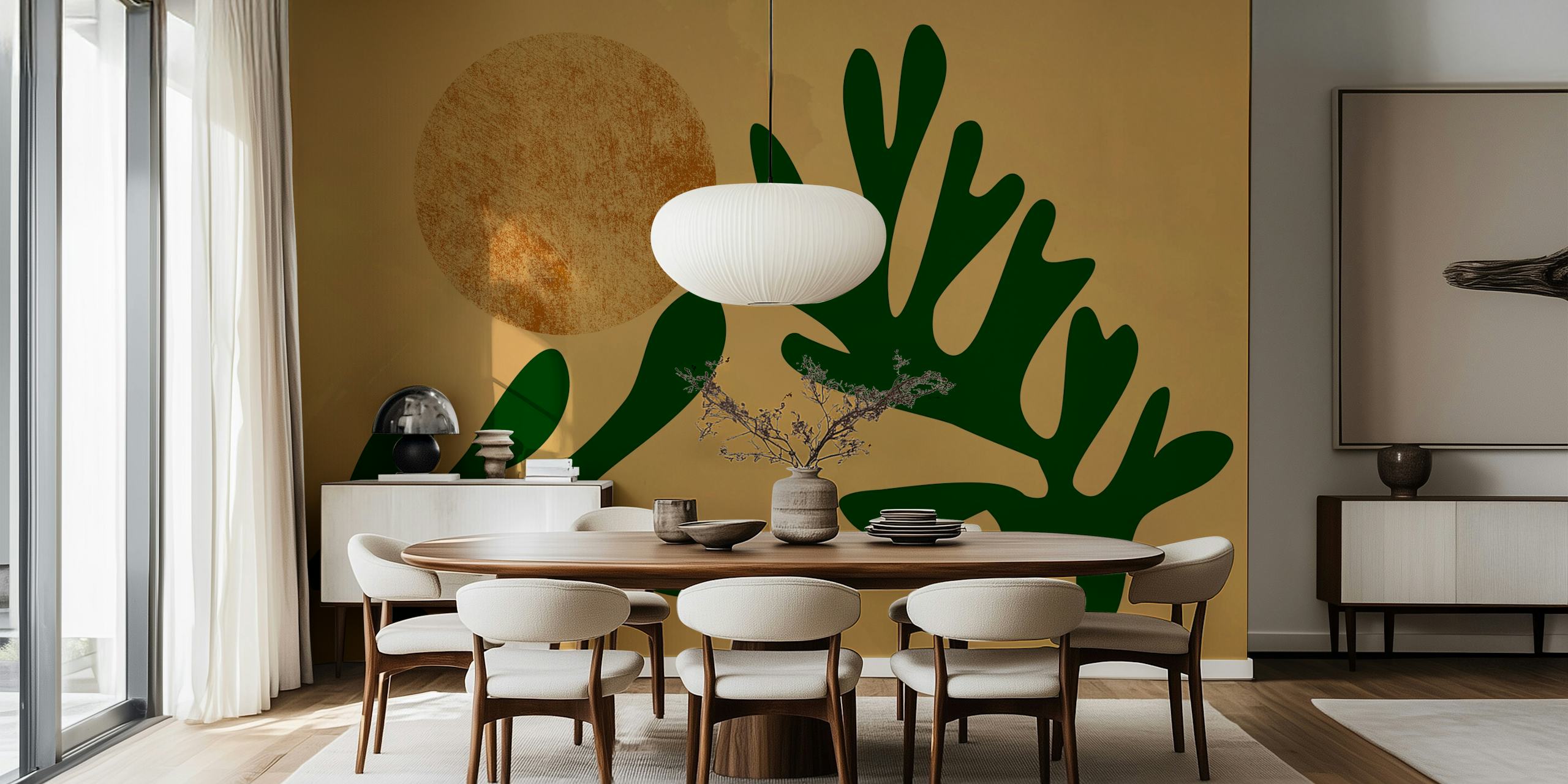 Matisse Inspired Leaf on Gold wallpaper in a room