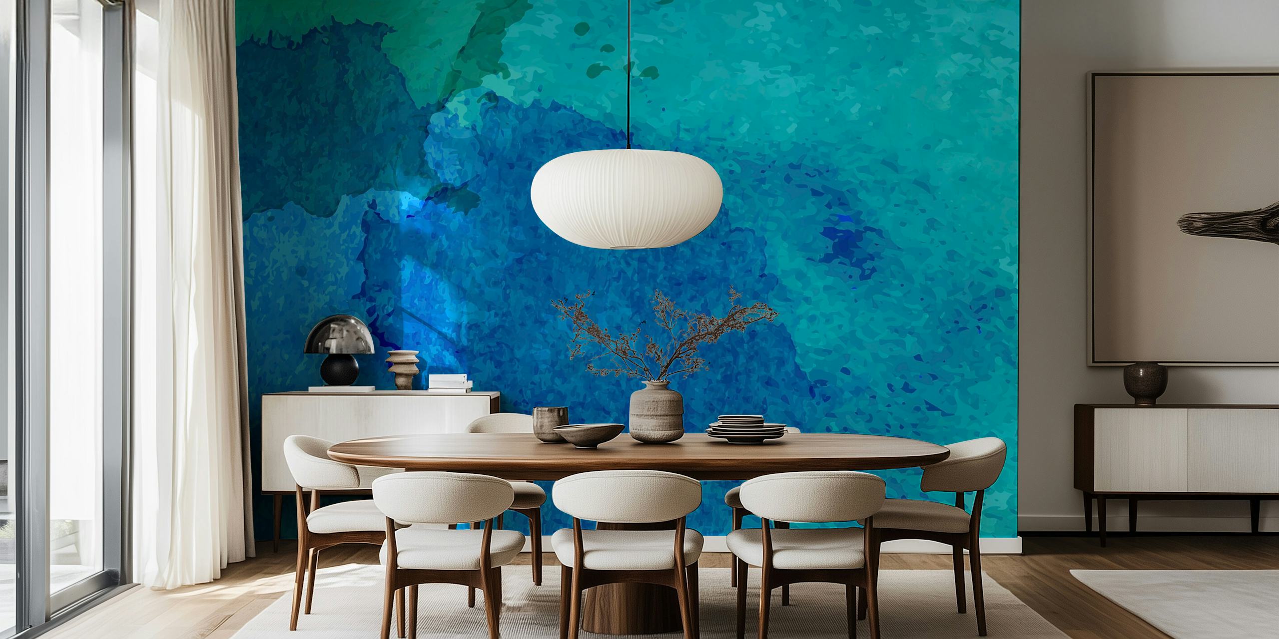 Watercolor ocean landscape in shades of blue and green wallpaper