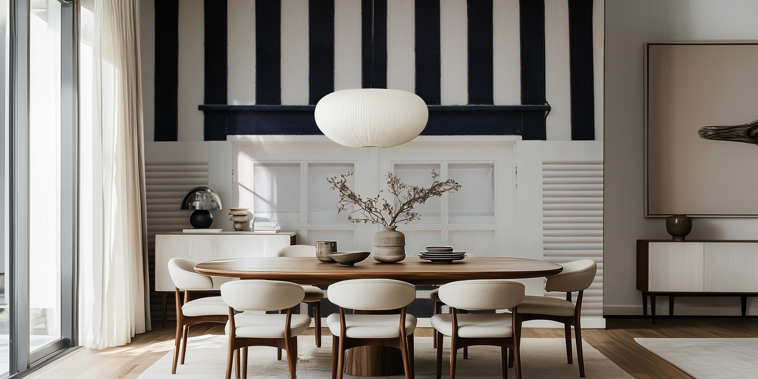 Black and white vertical striped wallpaper with window design