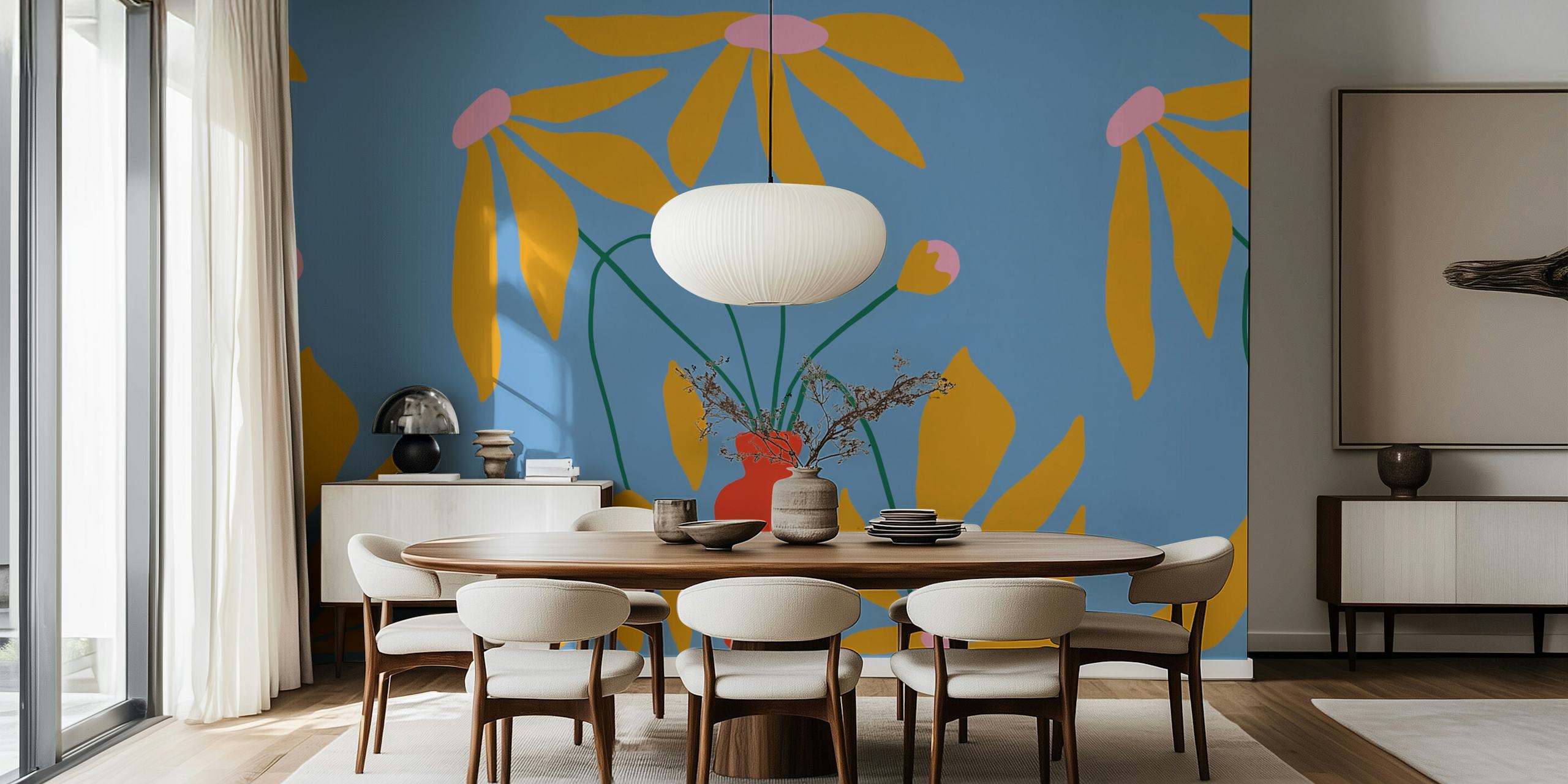 Colorful floral design with yellow petals and pink accents on blue wallpaper