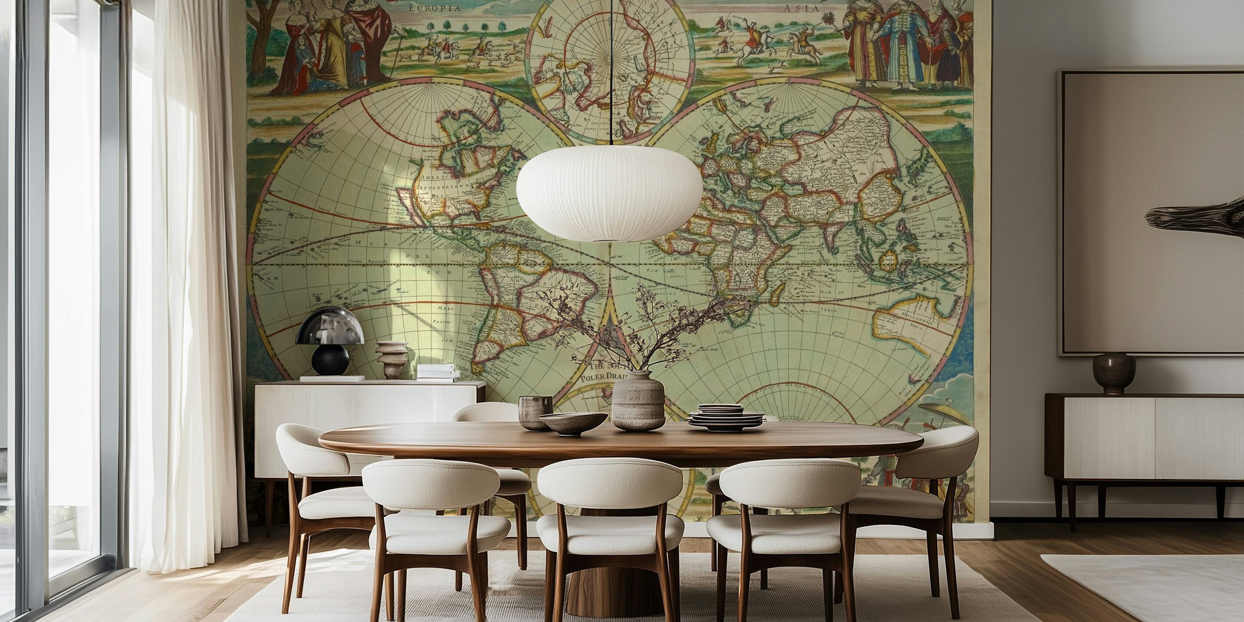 Illustrated Vintage World Map papel de parede em um quarto
