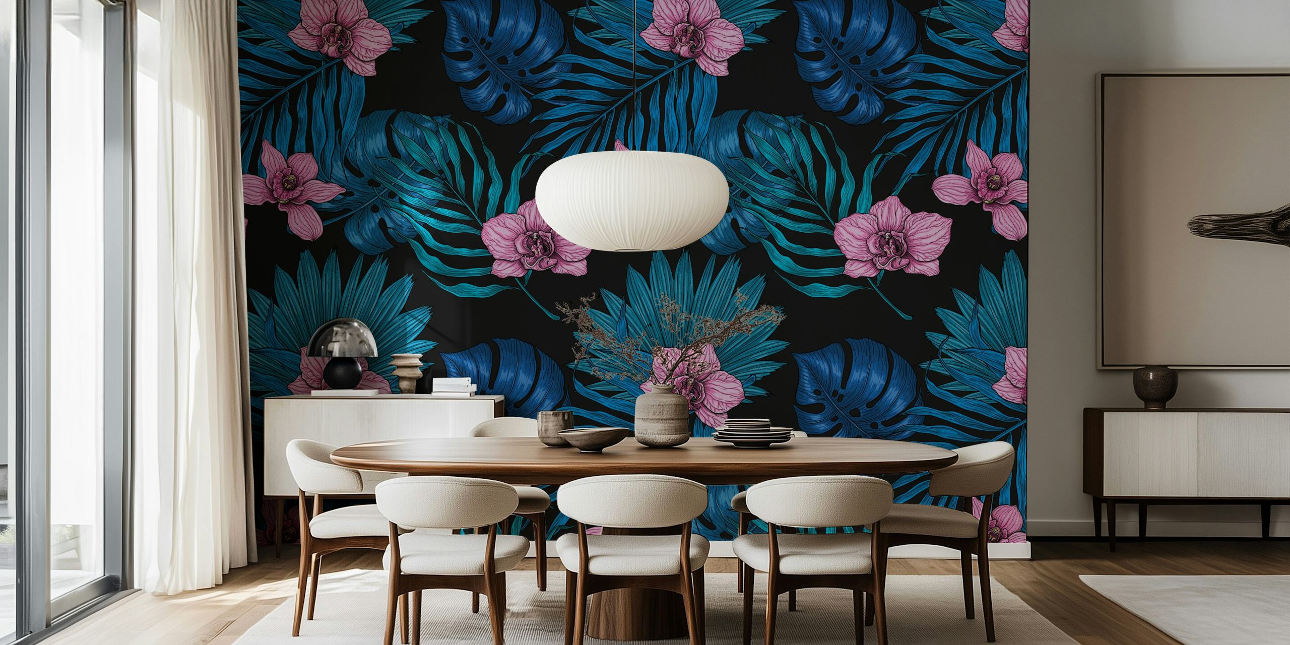 Orchids and palm leaves in pink and blue tones wallpaper