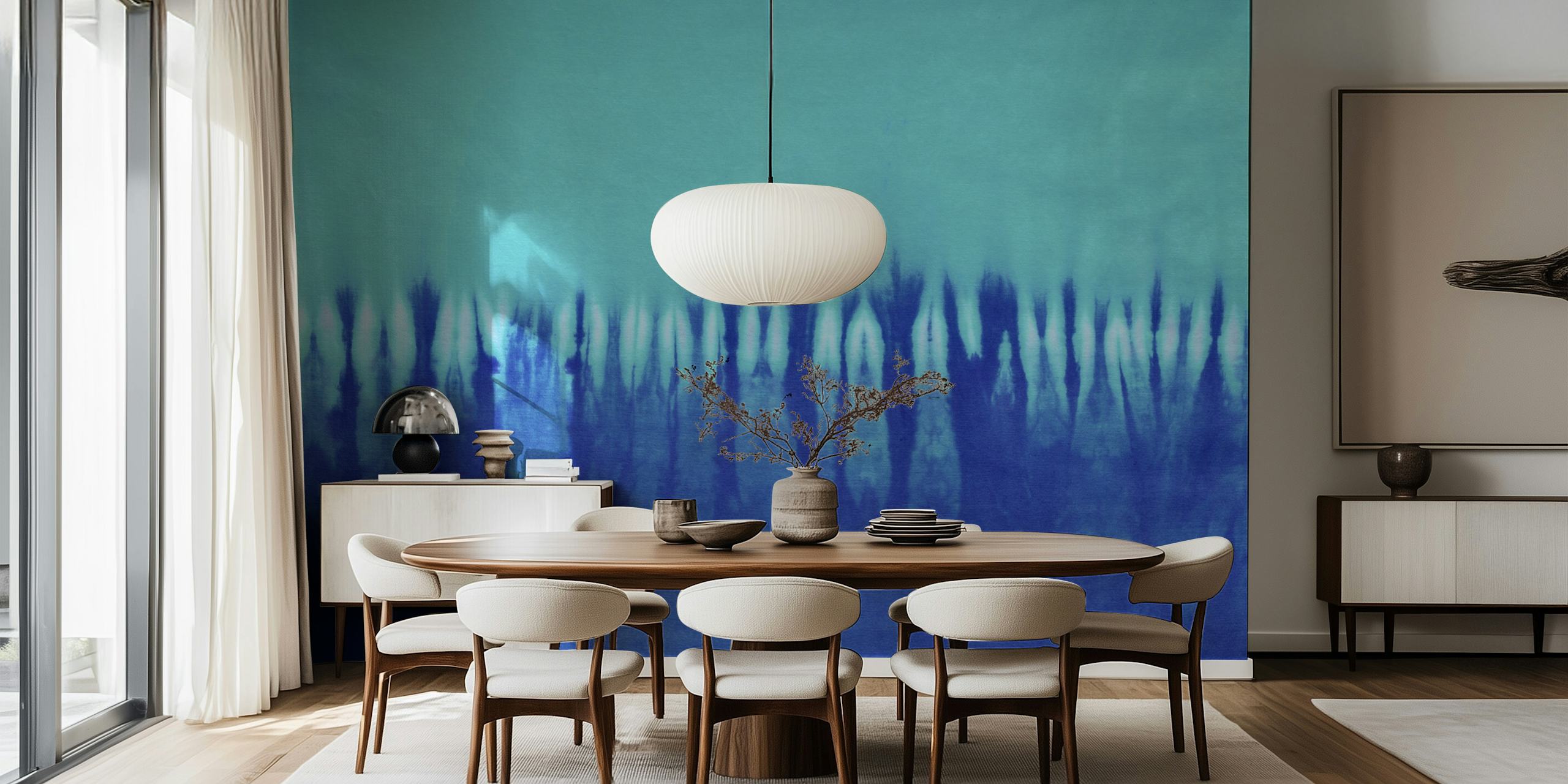 Blue tie dye wallpaper in a room