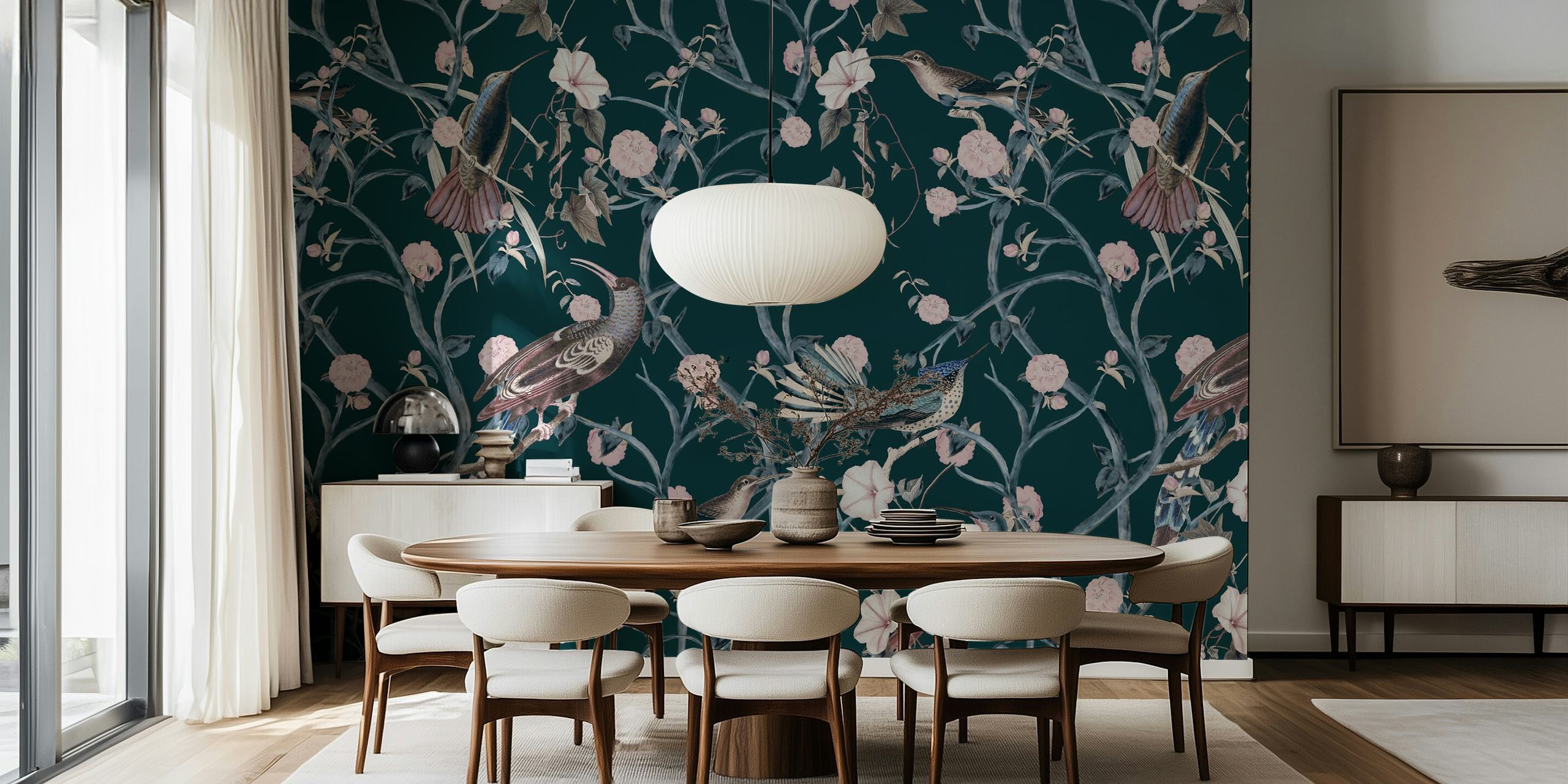 Chinoiserie bird and floral wallpaper in dark green tones