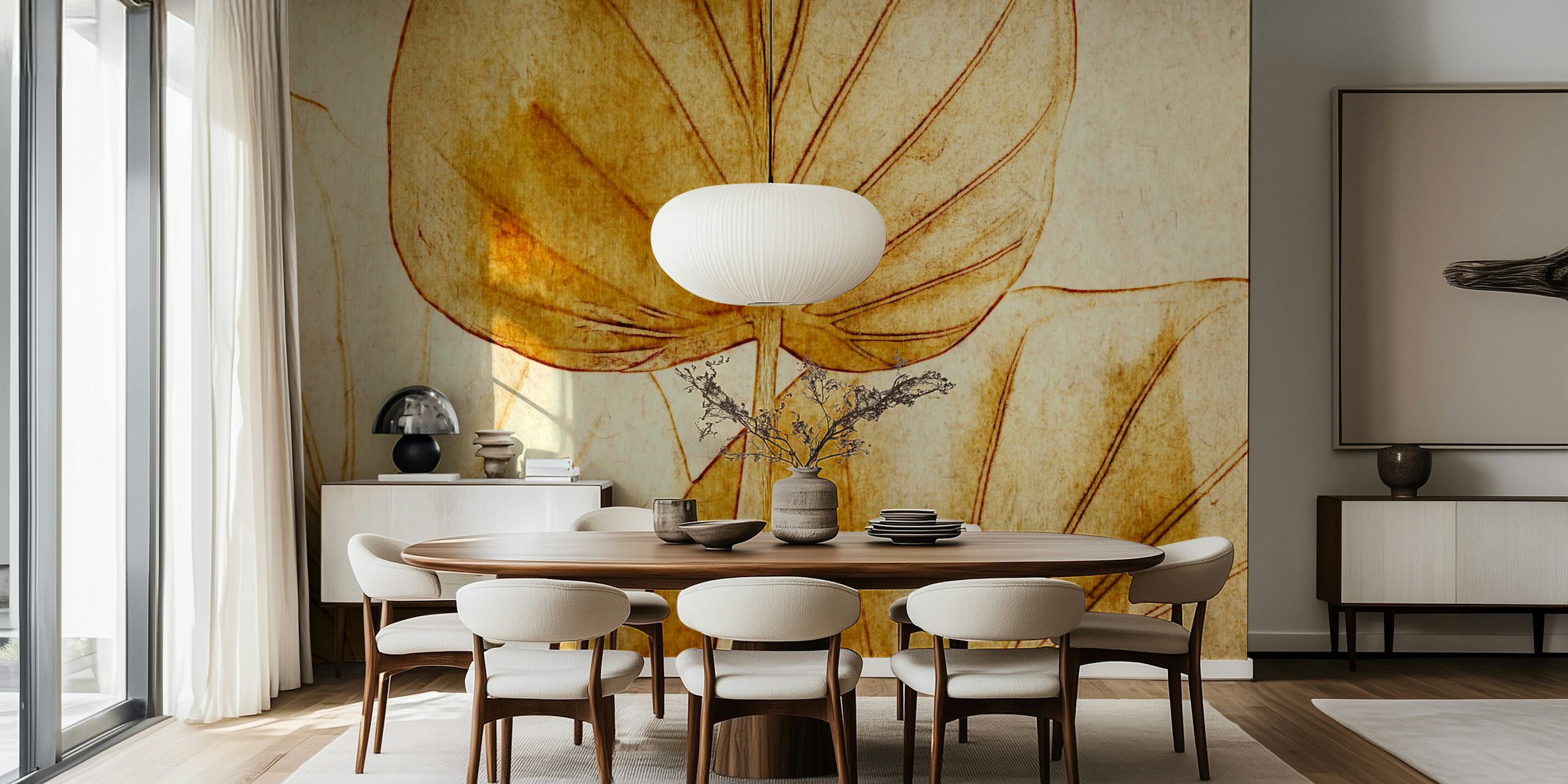 Large leafy plants in soft beige tones wallpaper