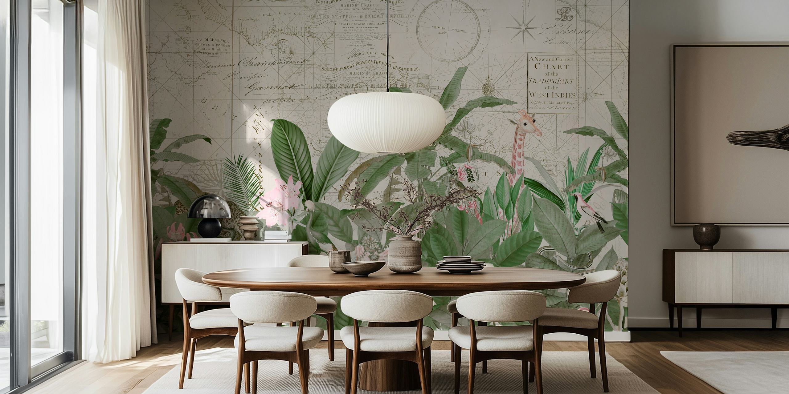 Lush tropical foliage with animals and vintage map wallpaper