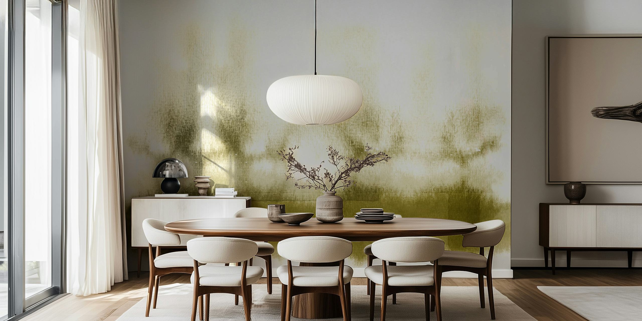 Vihreä vesiväriseinä näyttelyssä huoneessa