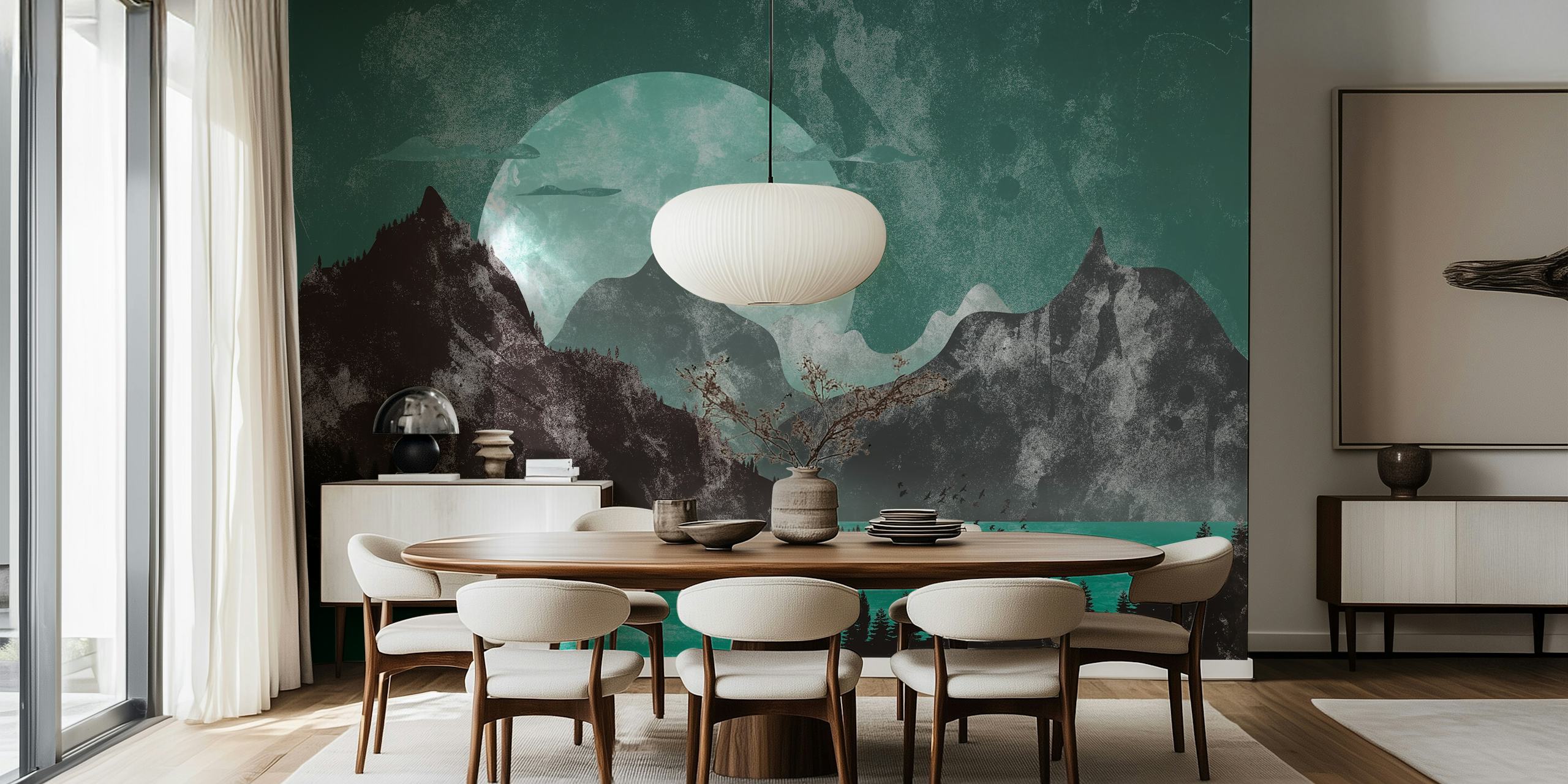Mountain lake scene with teal water and gray mountains wallpaper