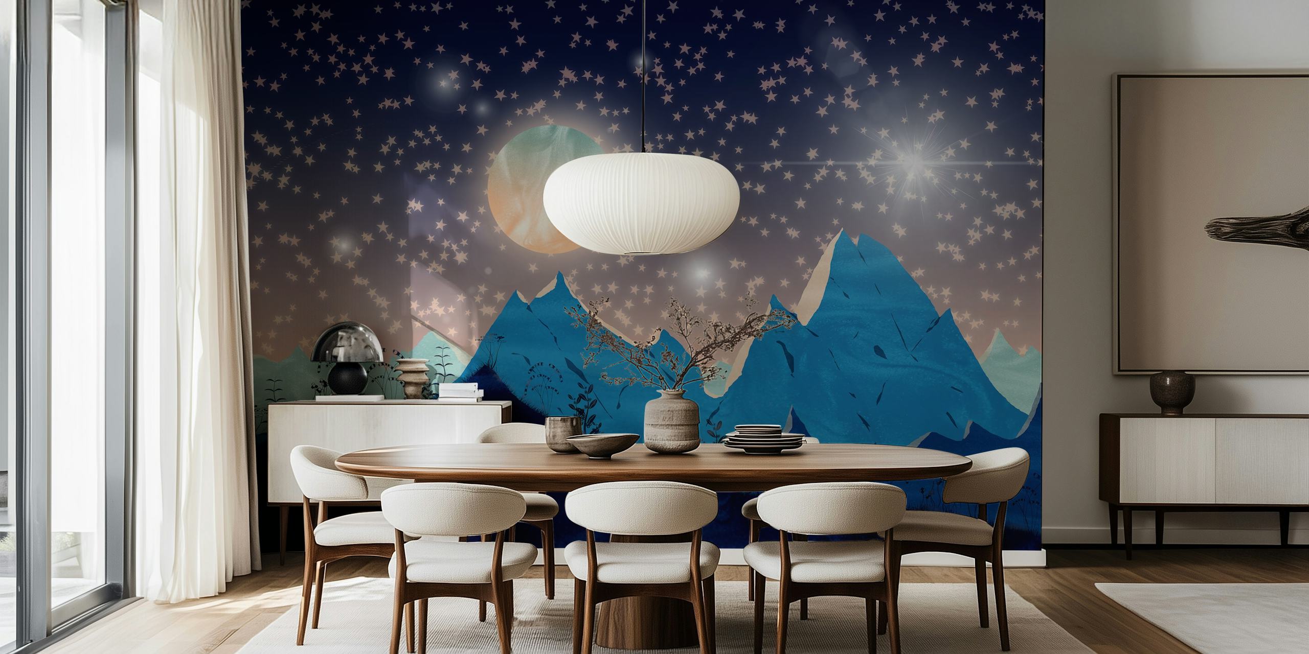 Snowy mountain peaks under a starry sky with a luminous full moon wall mural