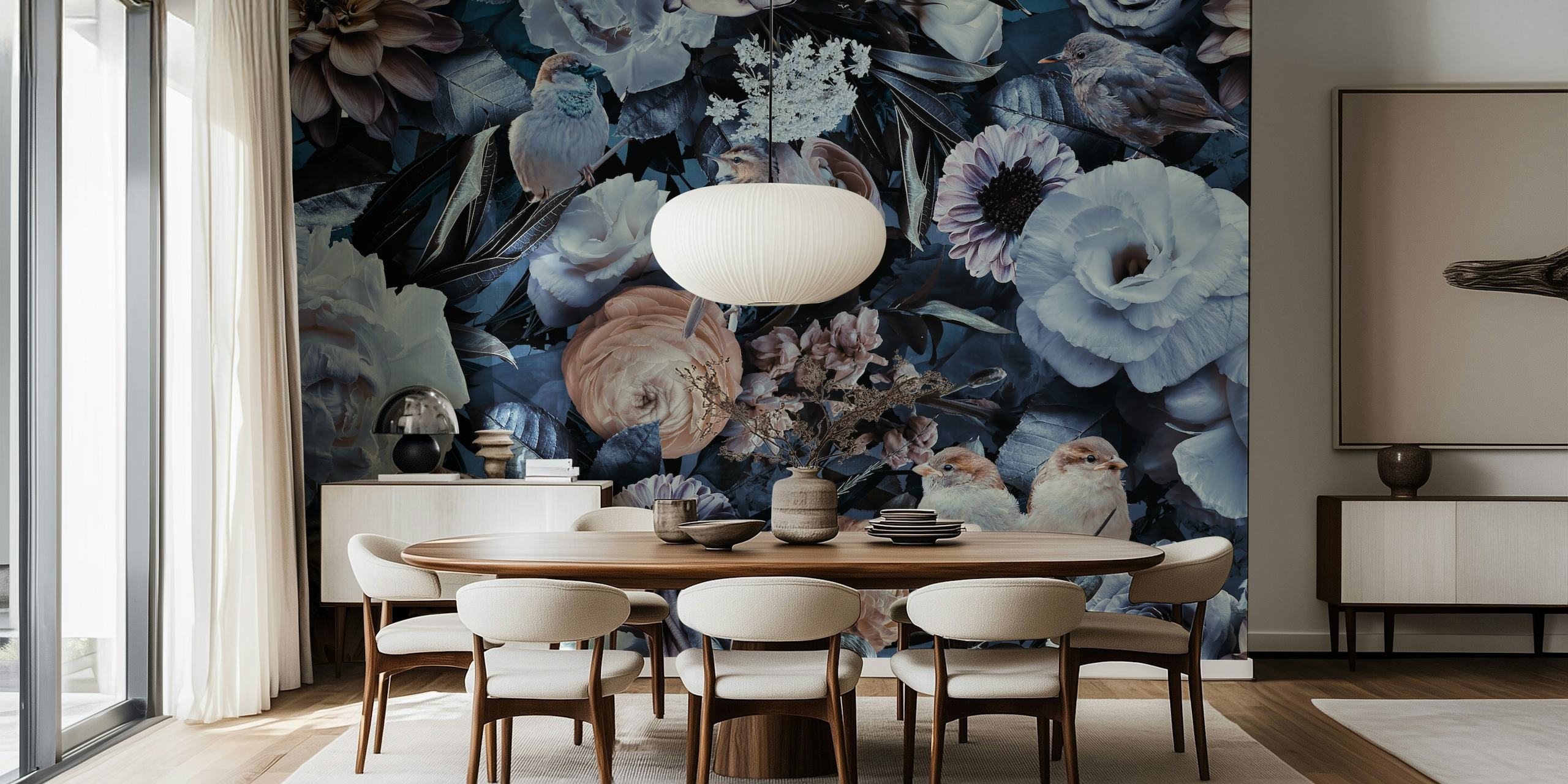 Moody Blue Flowers And Birds -tapetti huoneessa