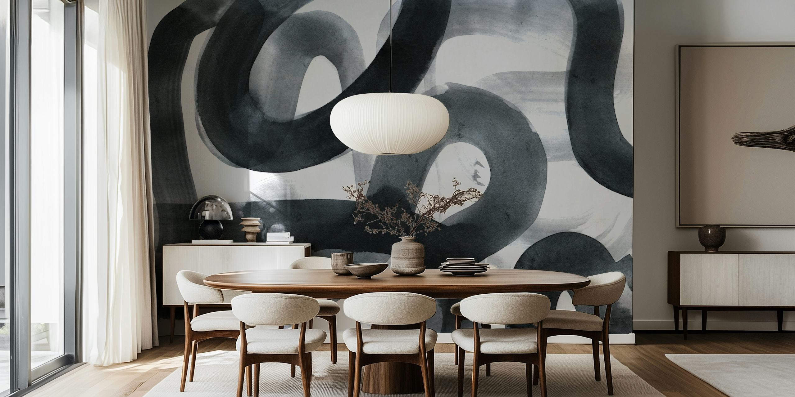 Abstract black ink brushstroke patterns on a white background wallpaper