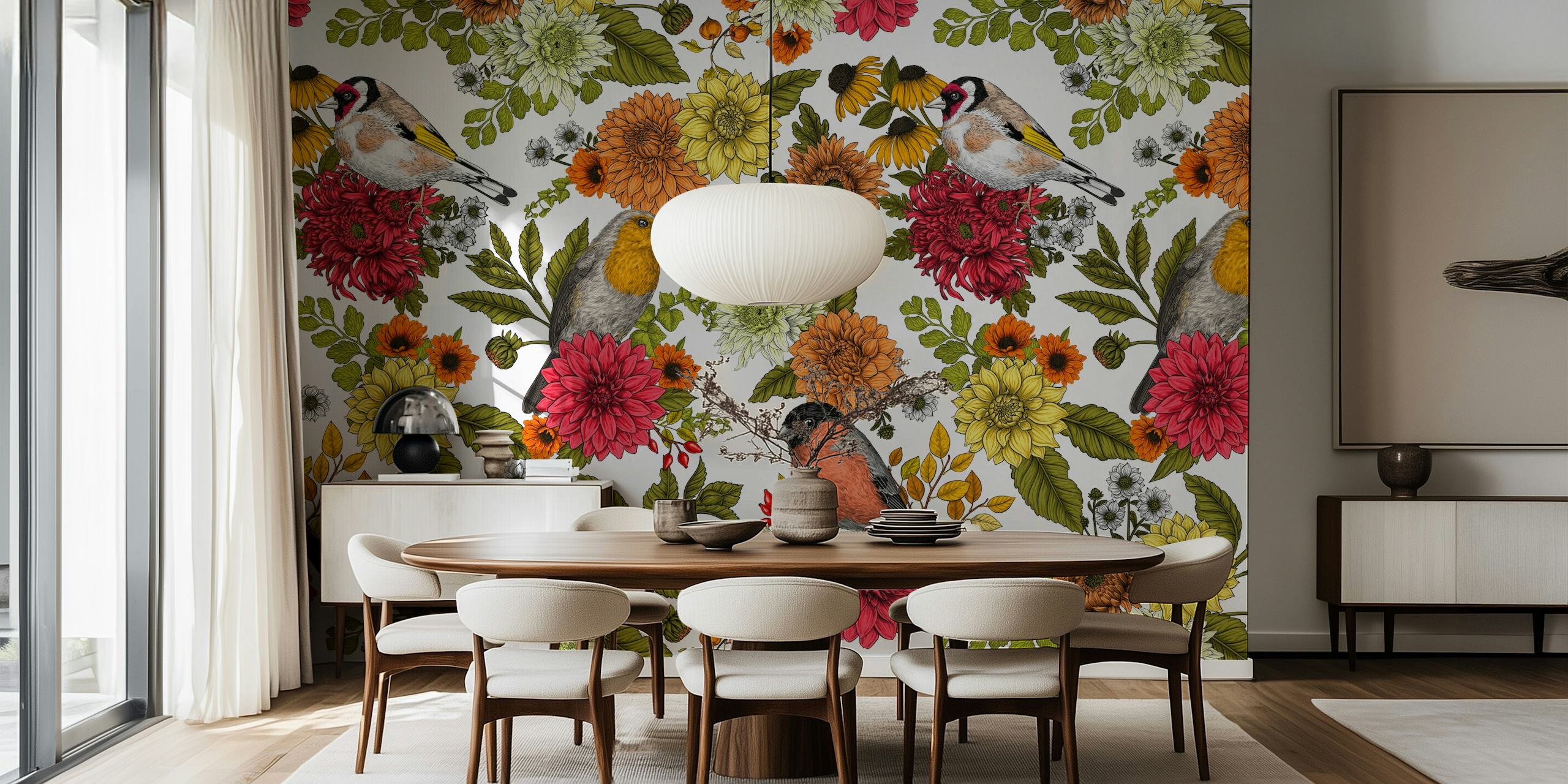 Garden birds and flowers wallpaper in a room