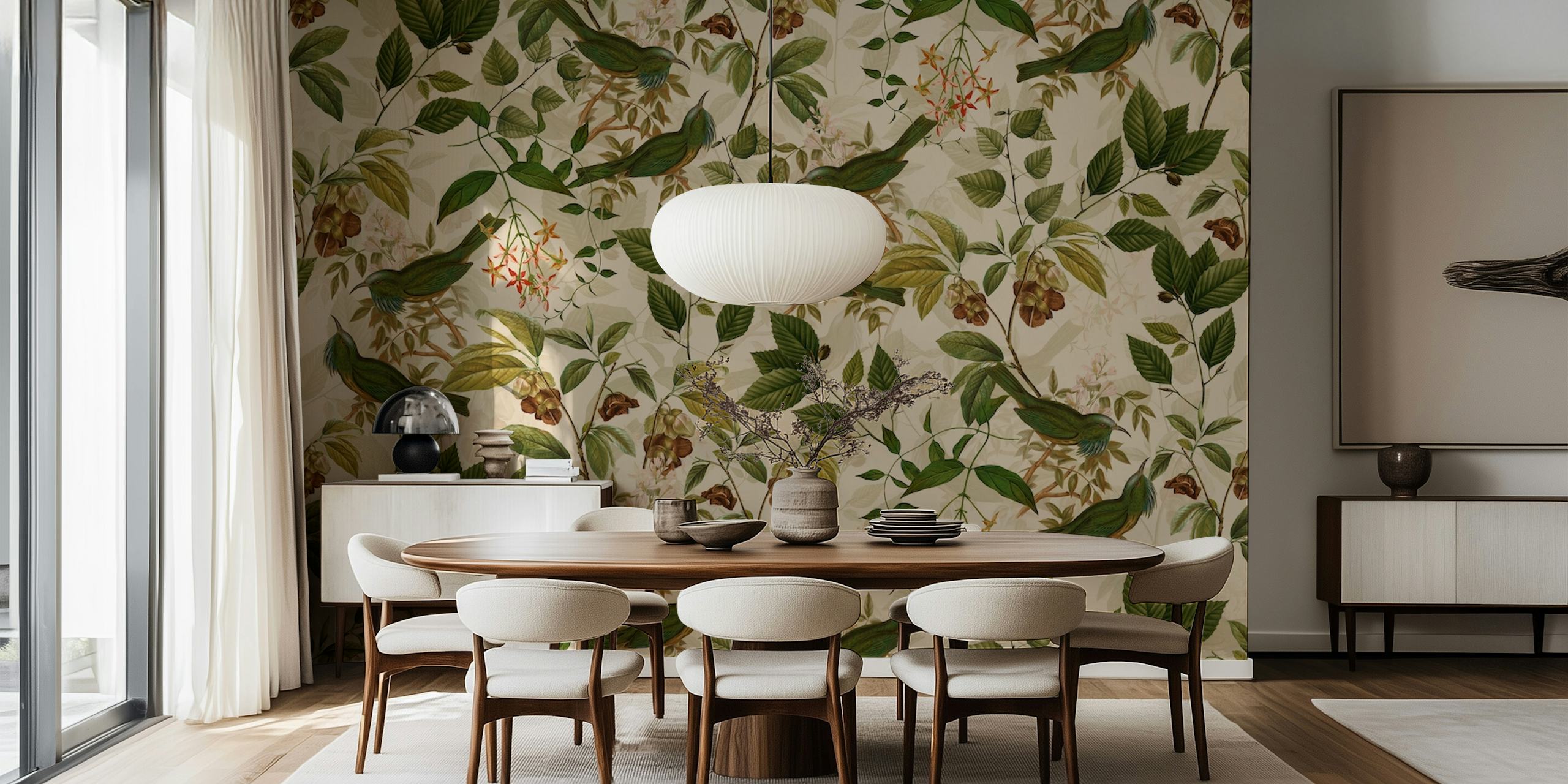 Tropical bird and floral pattern wall mural