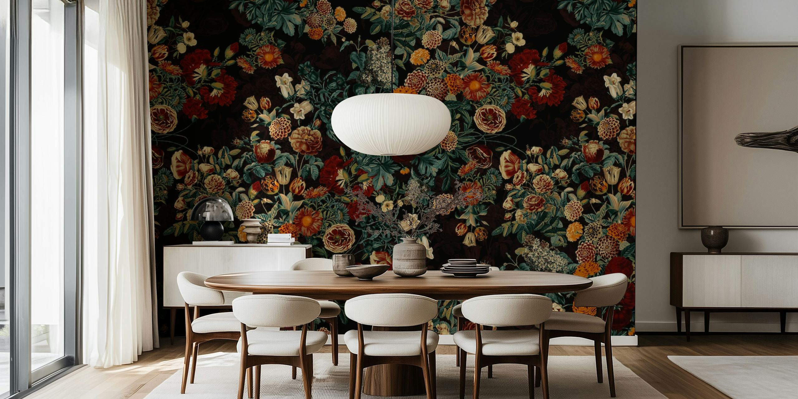 Colorful floral pattern with dark background wallpaper