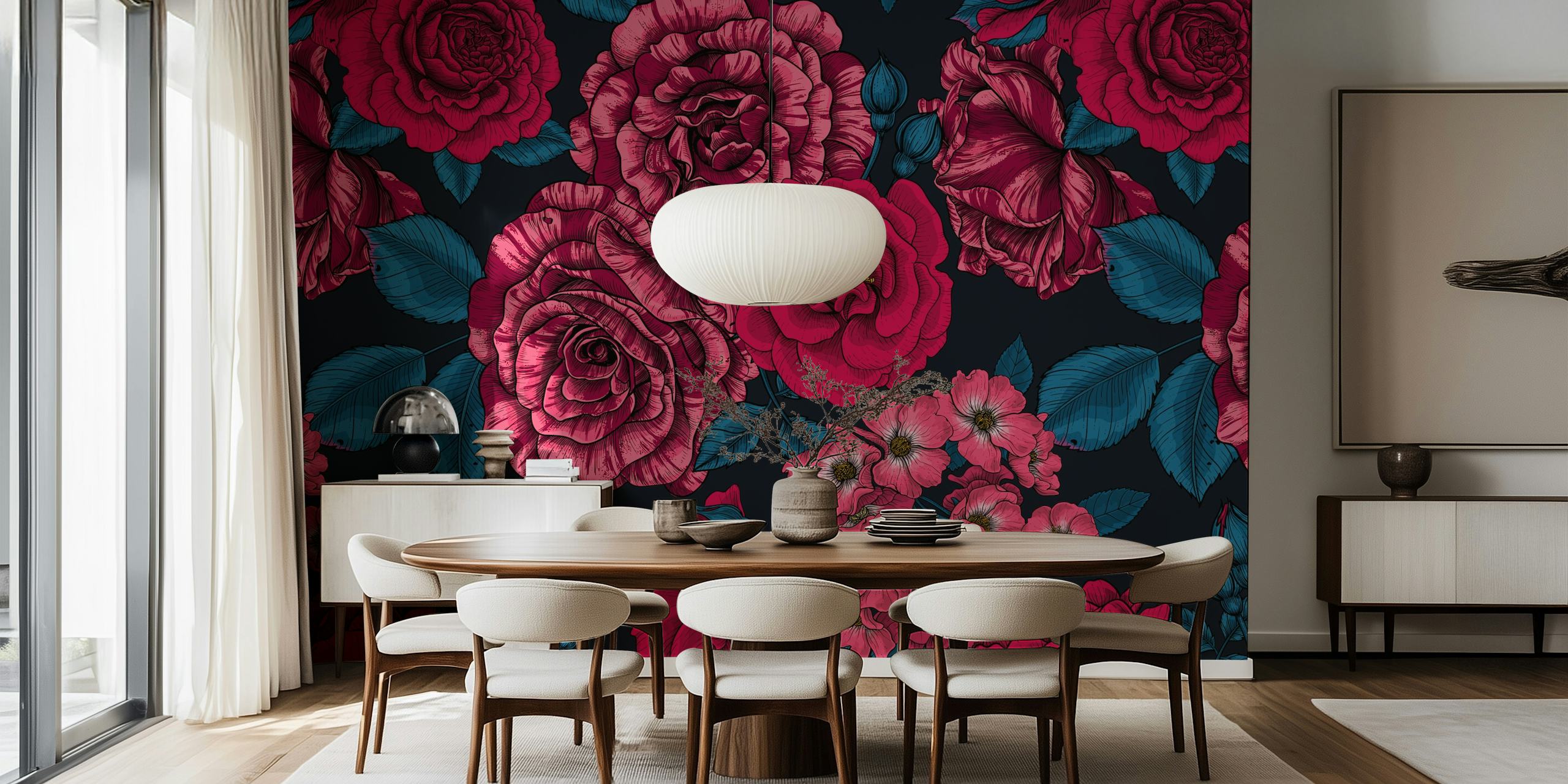 Roses mix 3 τοίχου γκράφιτι με κόκκινα και ροζ λουλούδια σε σκοτεινό φόντο