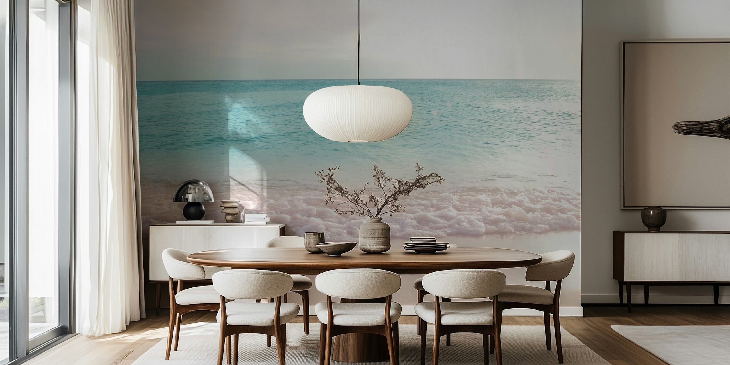 Ocean waves with soft pastel colors in turquoise and pink wallpaper